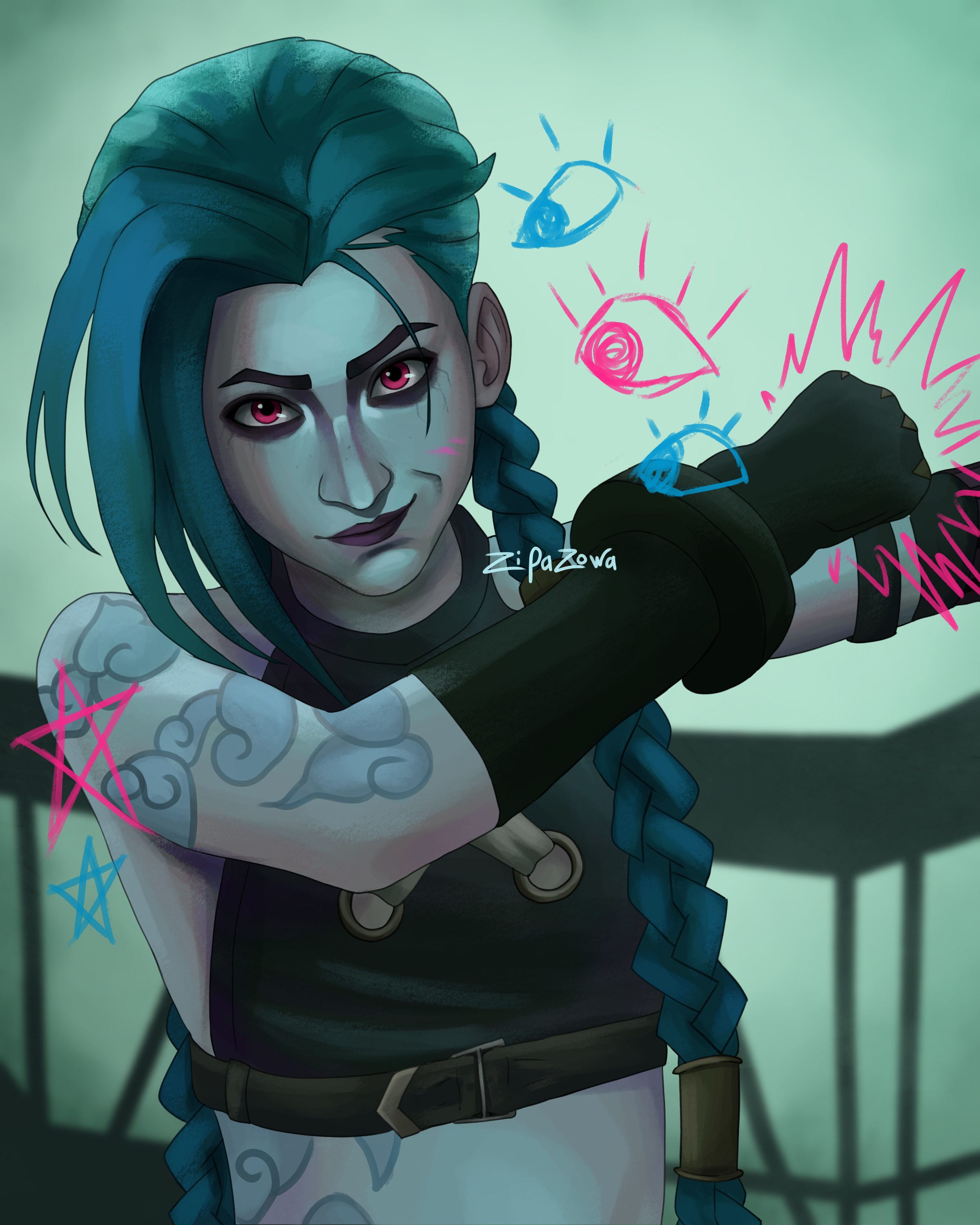 jinx waist up sevika and smeech fight arms up smiling.png