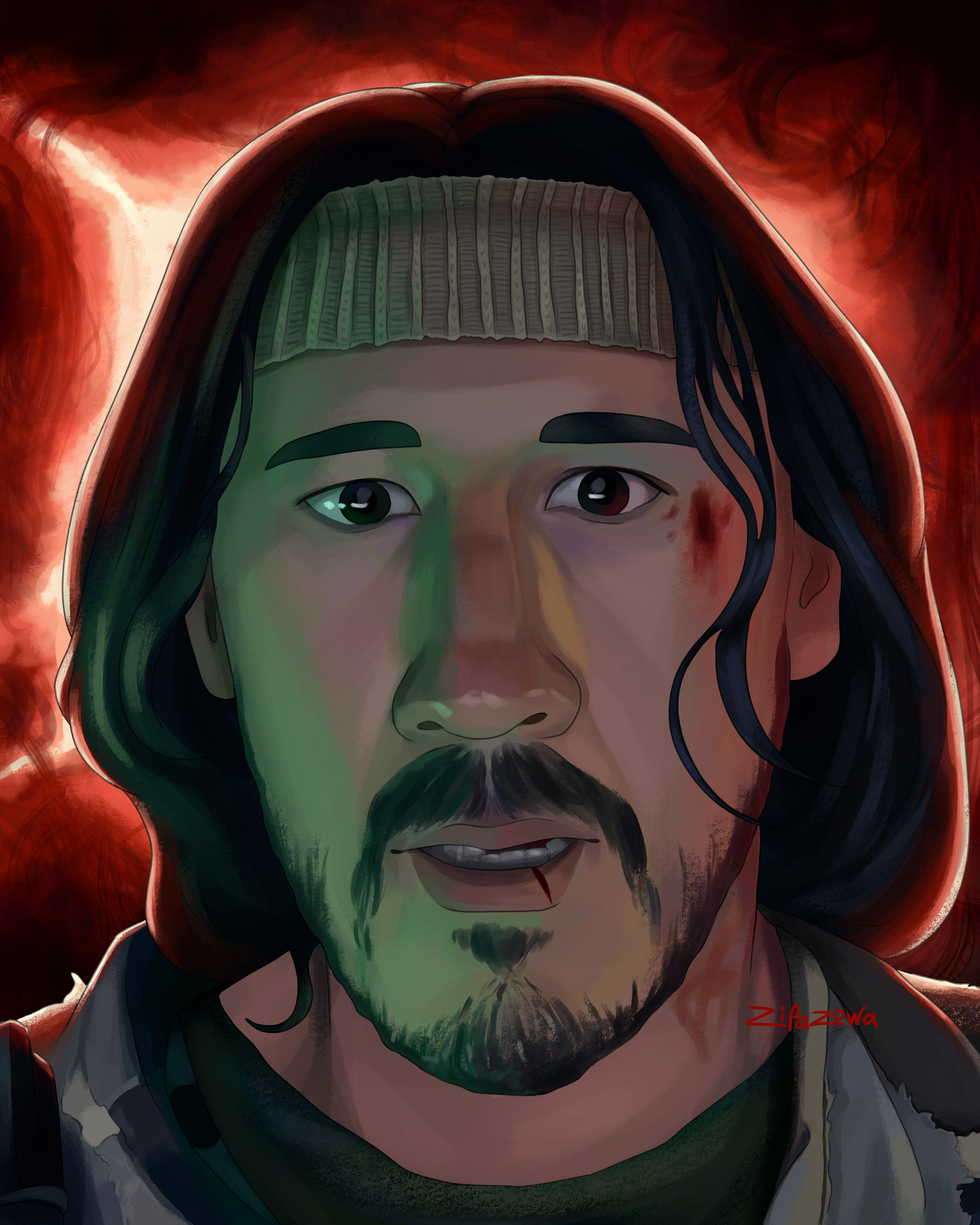 Simon iron lung close up face red green light anomaly behind him 2026.png