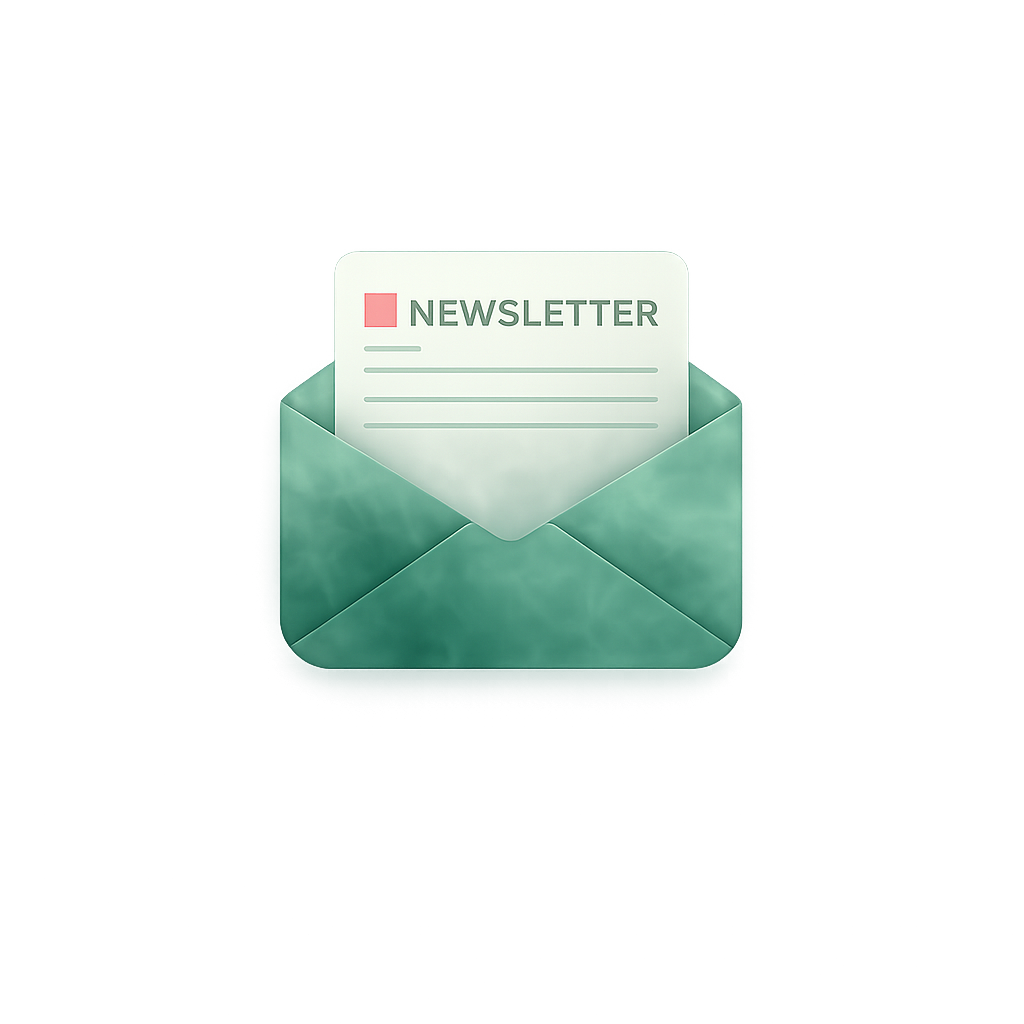 Green envelope with a newsletter inside labeled 'NEWSLETTER' in green capital letters.