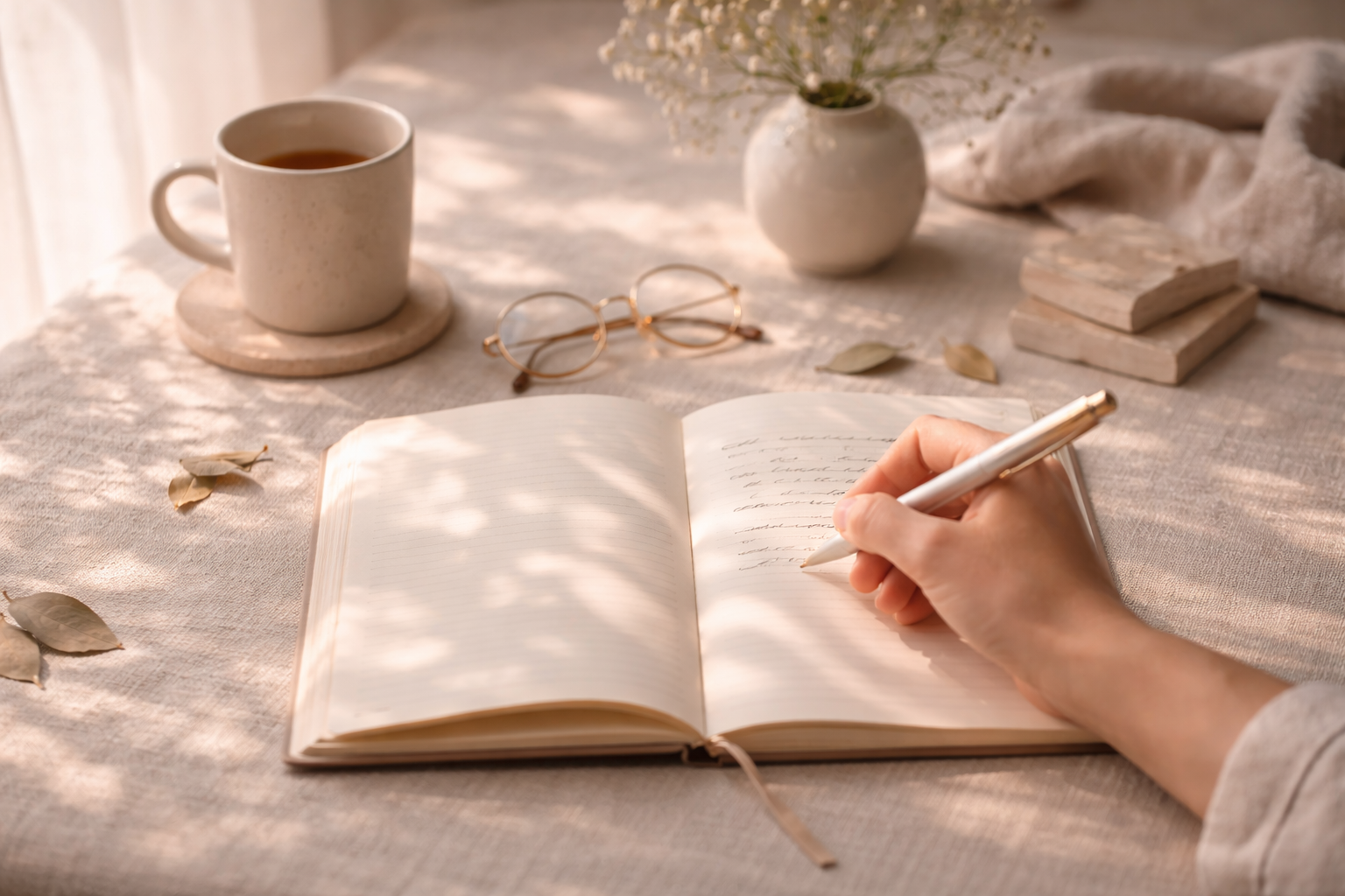 A person writes in a notebook on a beige table. There is a mug of tea, a pair of glasses, a white vase with flowers, a stack of books, and a cloth in the background.