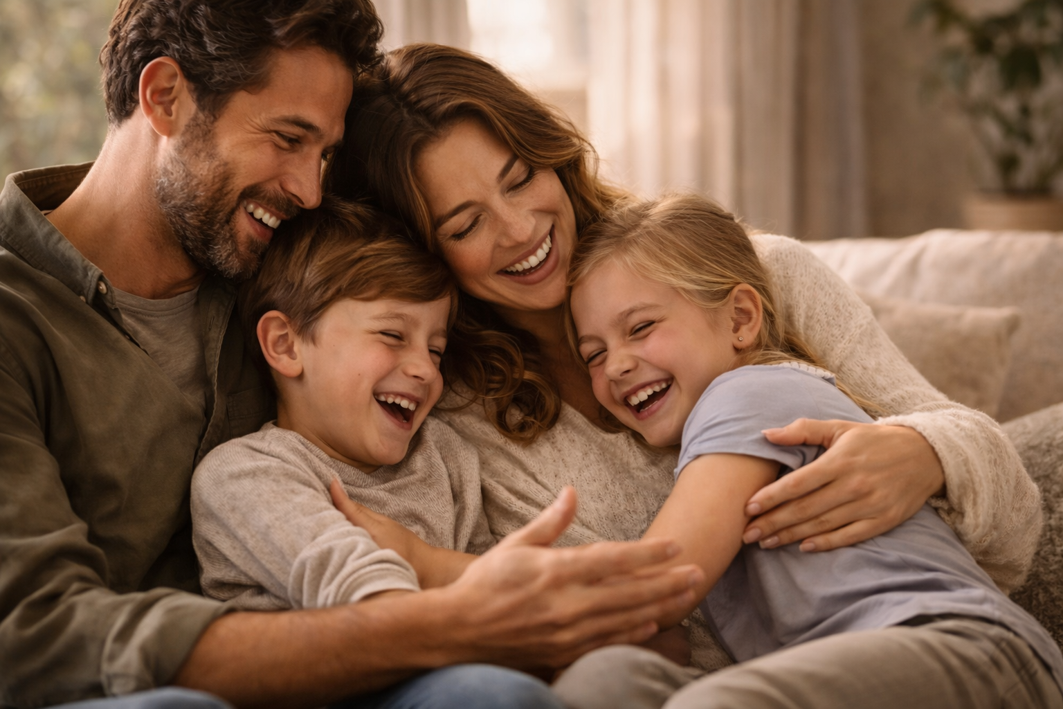A happy family of four is sitting on a couch, hugging and laughing together in a cozy living room.