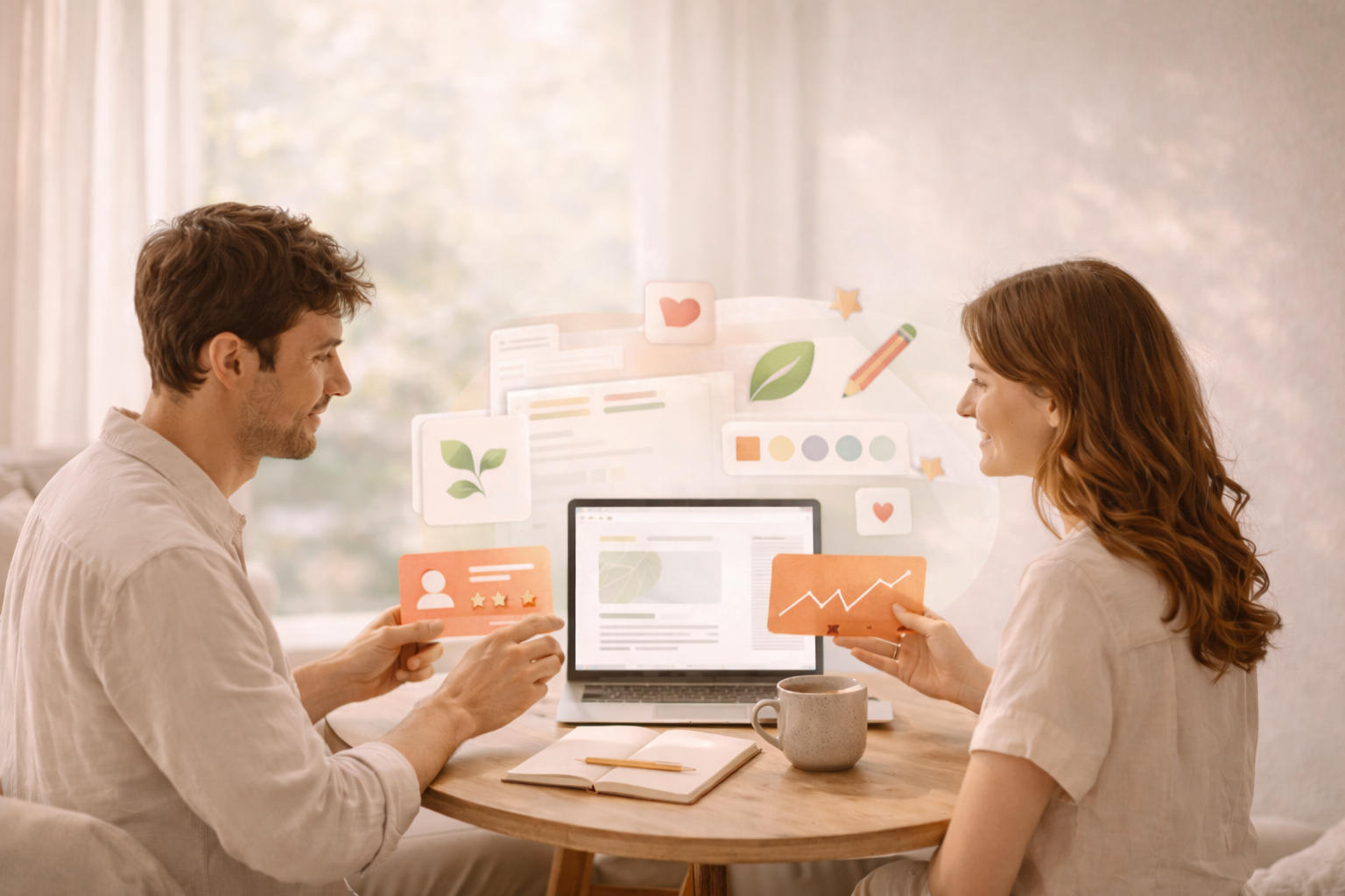 A man and woman sitting at a wooden table with a laptop, holding digital graphics of user profiles and graphs, engaging in a discussion in a bright room with a window in the background.