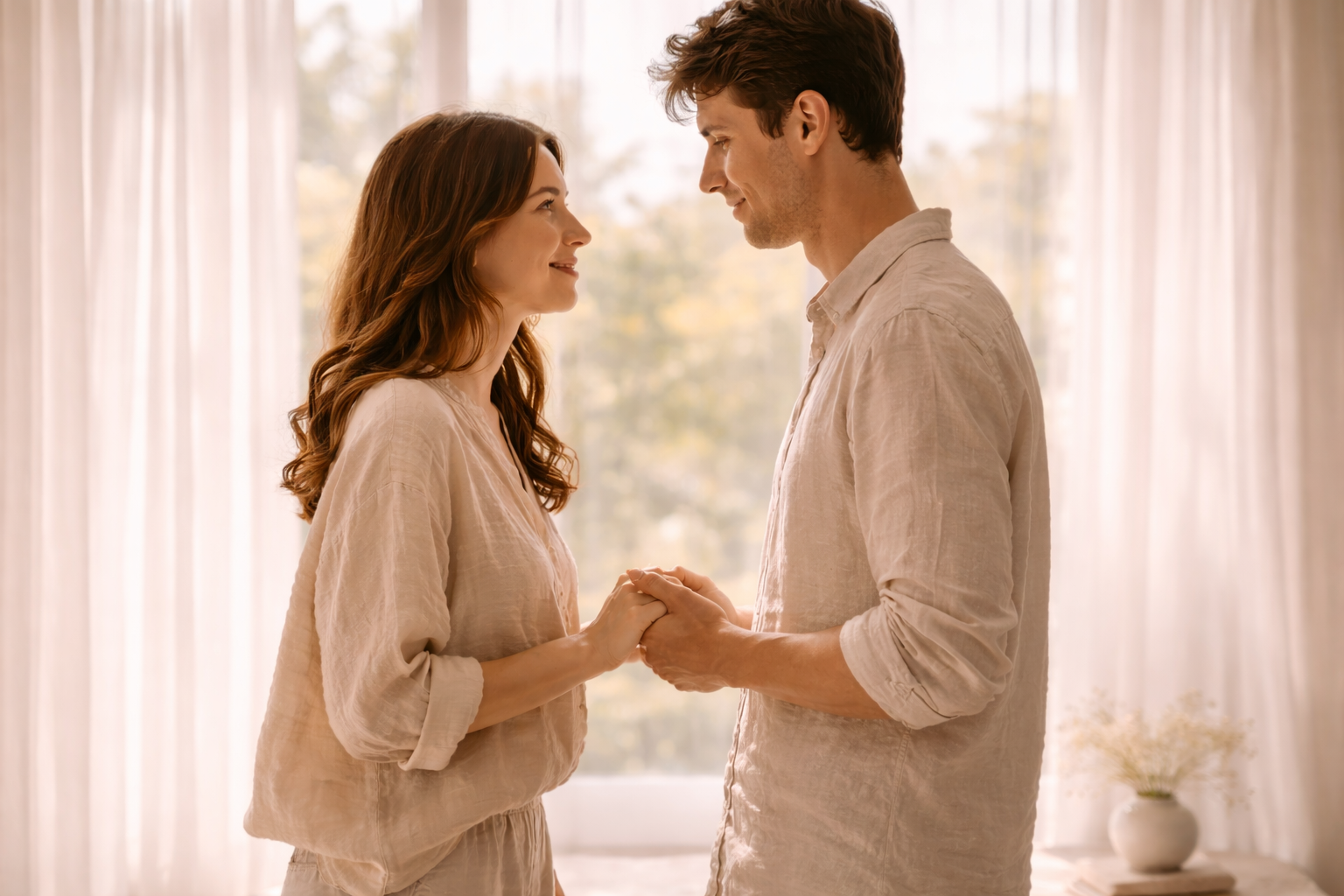 A young couple stands facing each other indoors, holding hands and gazing into each other's eyes, with soft natural light coming through curtains in the background.