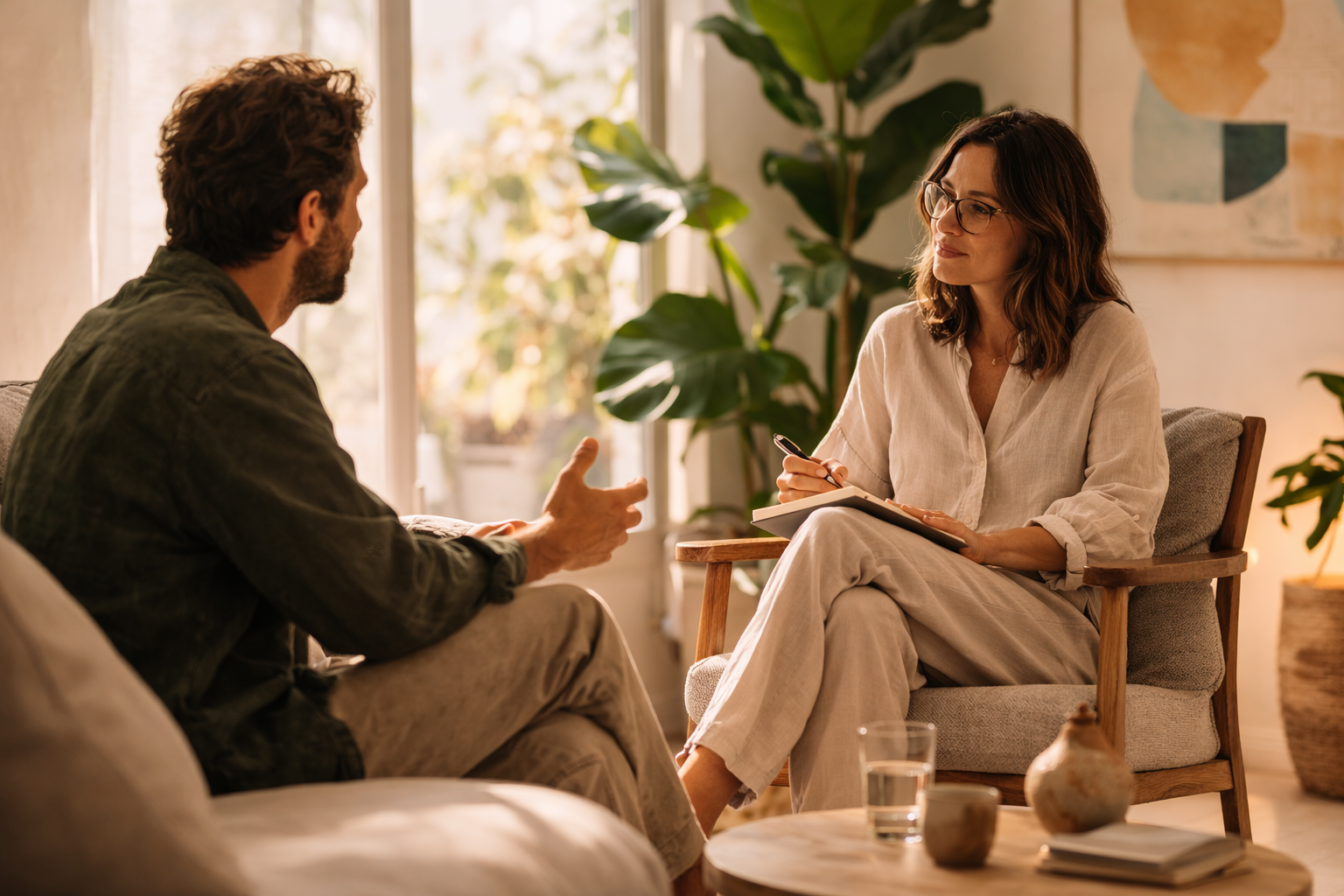 A woman taking notes during a conversation with a man in a cozy living room with plants and artwork.