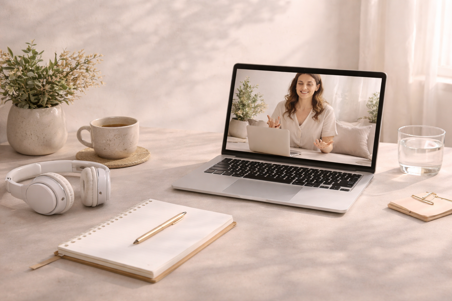 A workspace with a laptop showing a woman smiling on a video call, a notebook with a pen, a cup of tea, headphones, a glass of water, a potted plant, and a note pad, all on a light-colored table near a window.