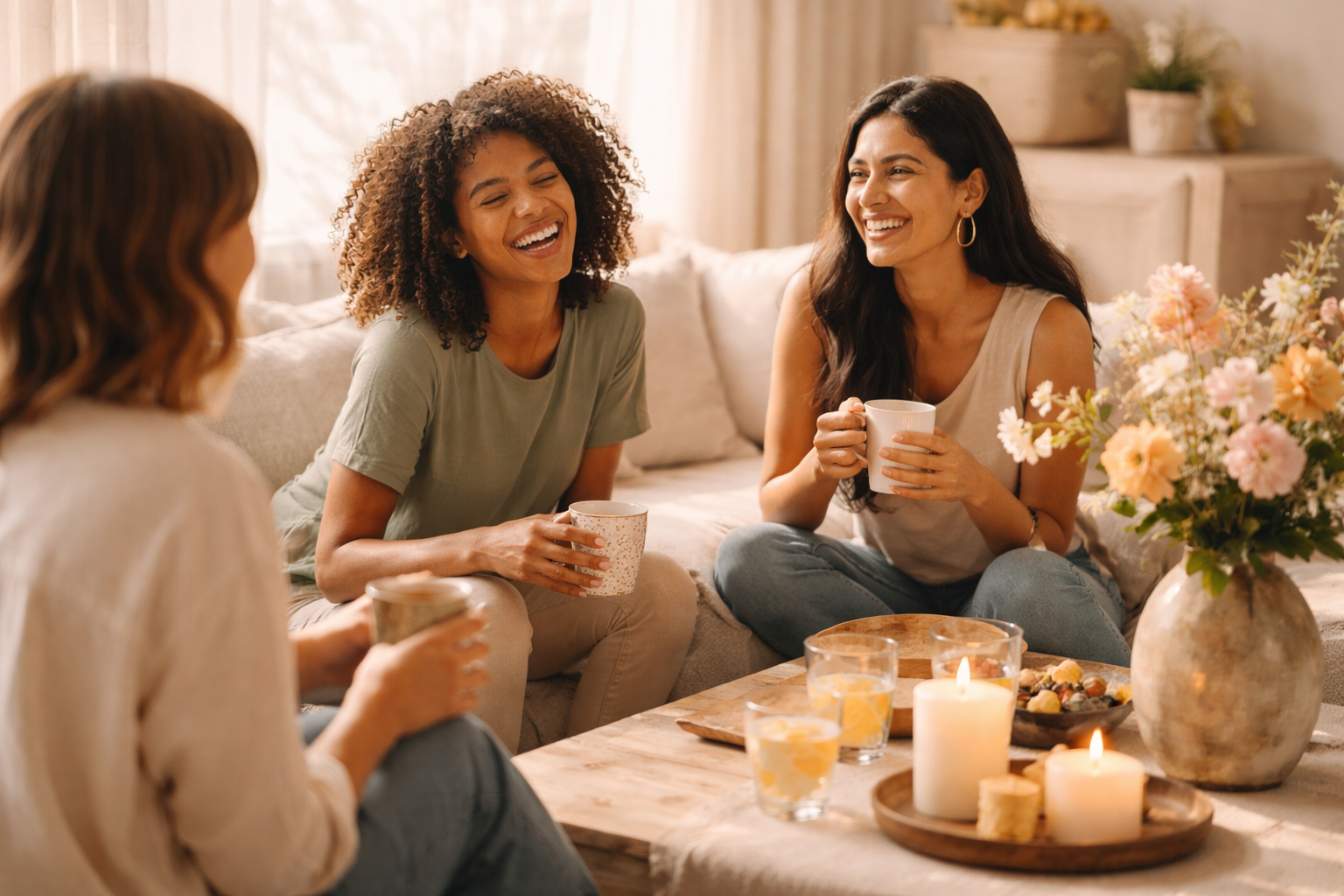 Three women sitting on a couch and talking, holding coffee mugs, with candles, glasses of water, and a vase with flowers on a wooden table in front of them.