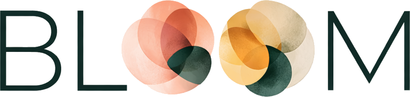Stylized text spelling 'BLOOM' with overlapping abstract circular shapes in pink, orange, yellow, and green in the middle.