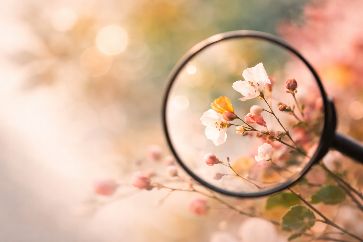 A close-up view of pink and white blossoms seen through a magnifying glass, with a soft background of warm, pastel colors and bokeh lights.