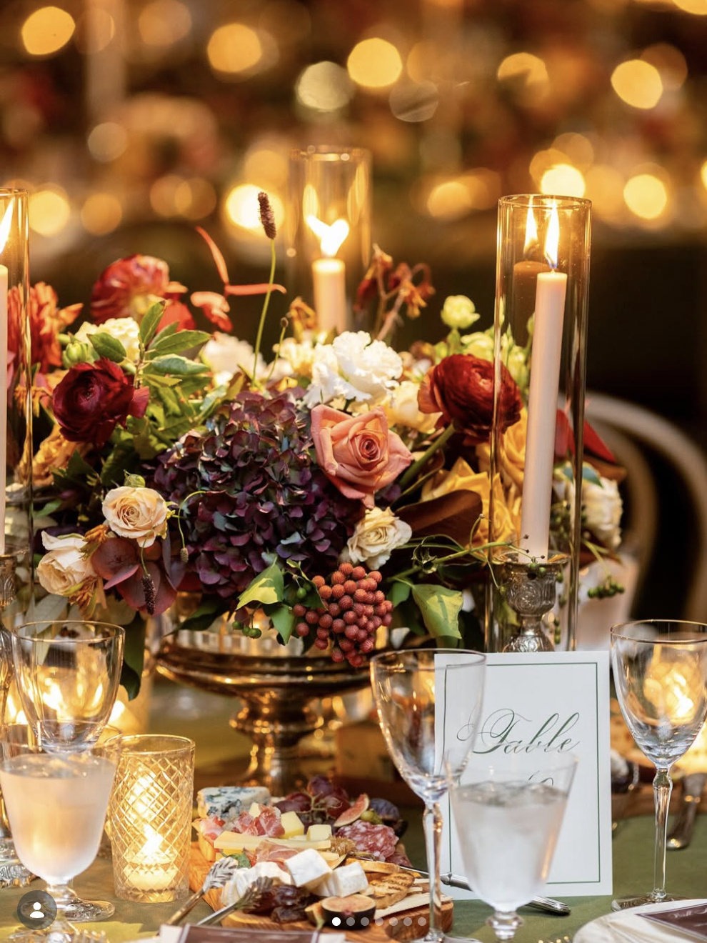 A decorated table with a floral centerpiece, tall candles in glass holders, and glassware, set for an event or celebration at night with blurred warm lights in the background.