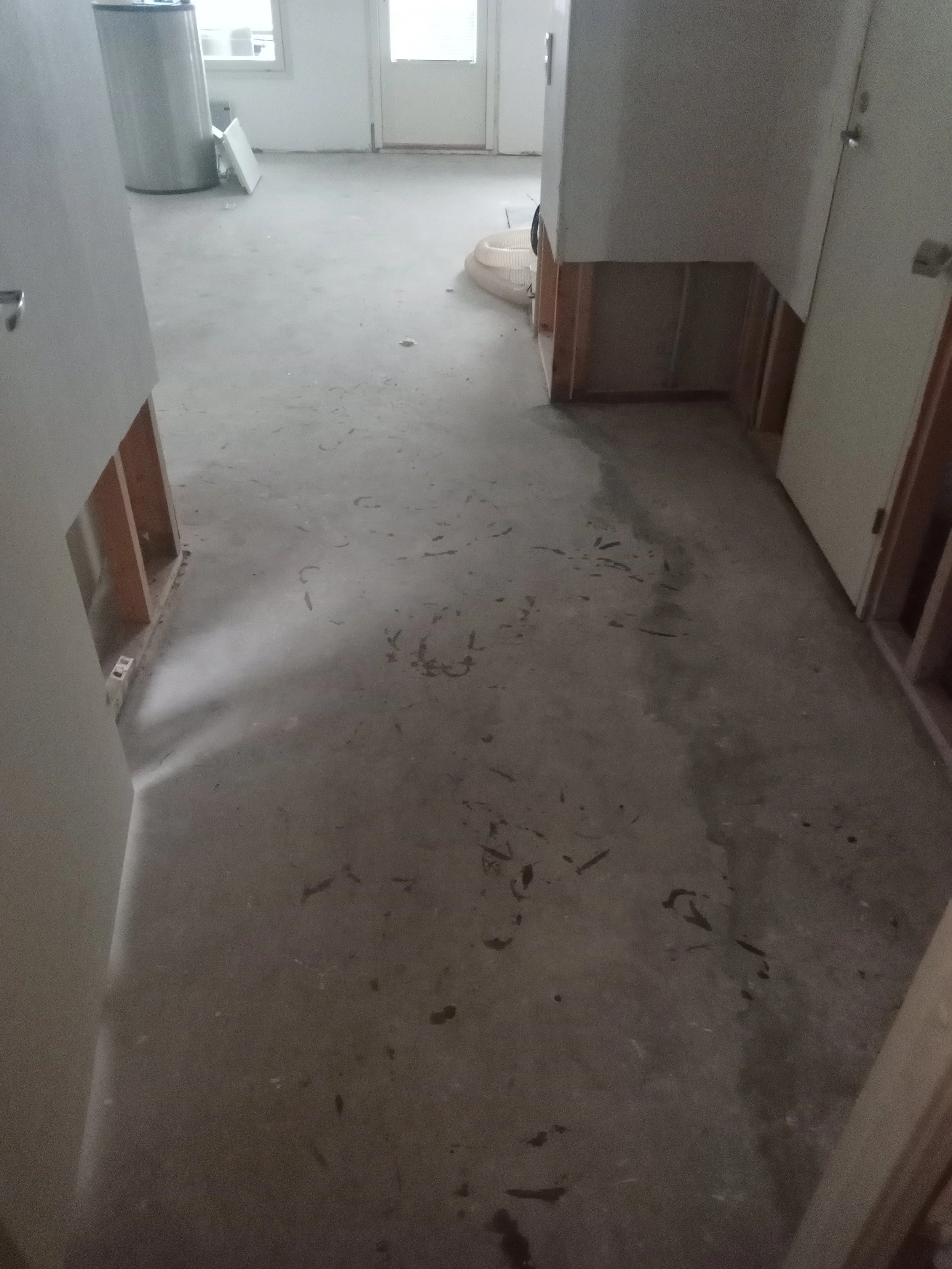 Tässä kohteessa oli vesivahingon takia jouduttu purkamaan lattiat ja jopa seinien alaosat.