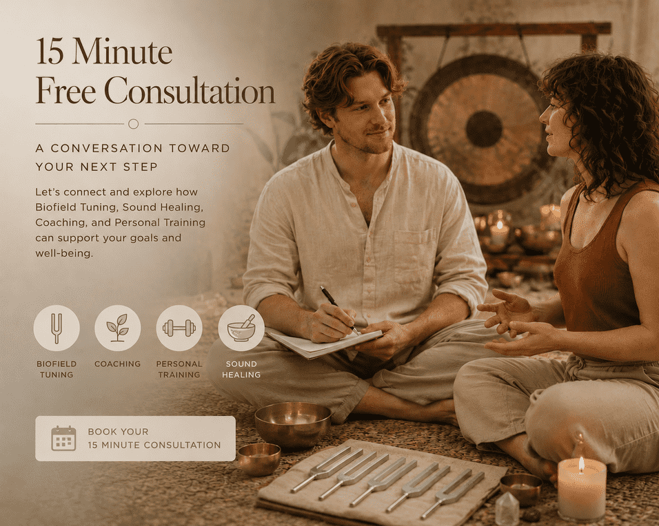 Advertisement for a 15-minute free consultation featuring a male practitioner and a female client talking in a wellness setting with candles, bowls, and sound healing instruments. Icons indicate services like biofield tuning, coaching, personal training, and sound healing. A button invites booking the consultation.