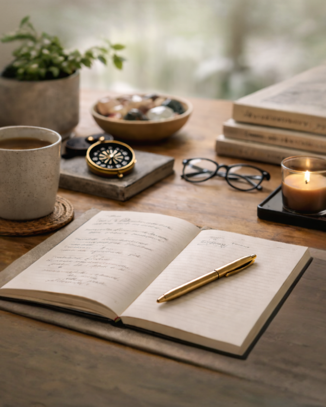 A cozy workspace with an open notebook and a gold pen, a mug of coffee, a stack of books, a pair of glasses, a candle, a bowl of stones, a potted plant, and a compass on a wooden table near a window.