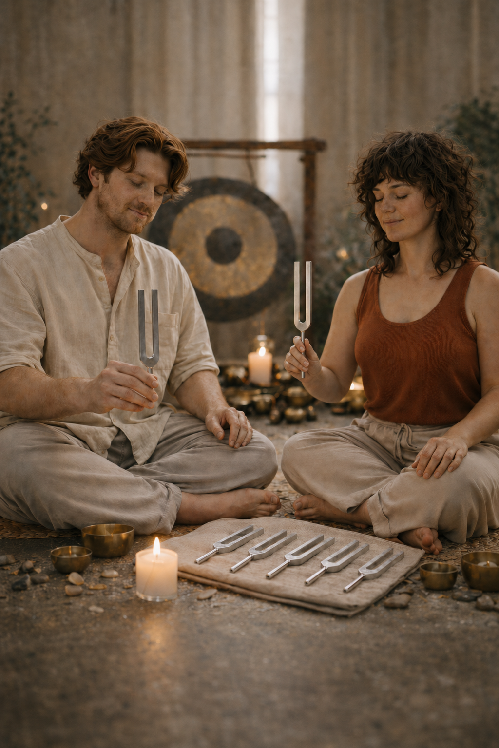 A man and woman sitting cross-legged on the floor, holding tuning forks, with candles and a gong in the background, practicing sound healing.