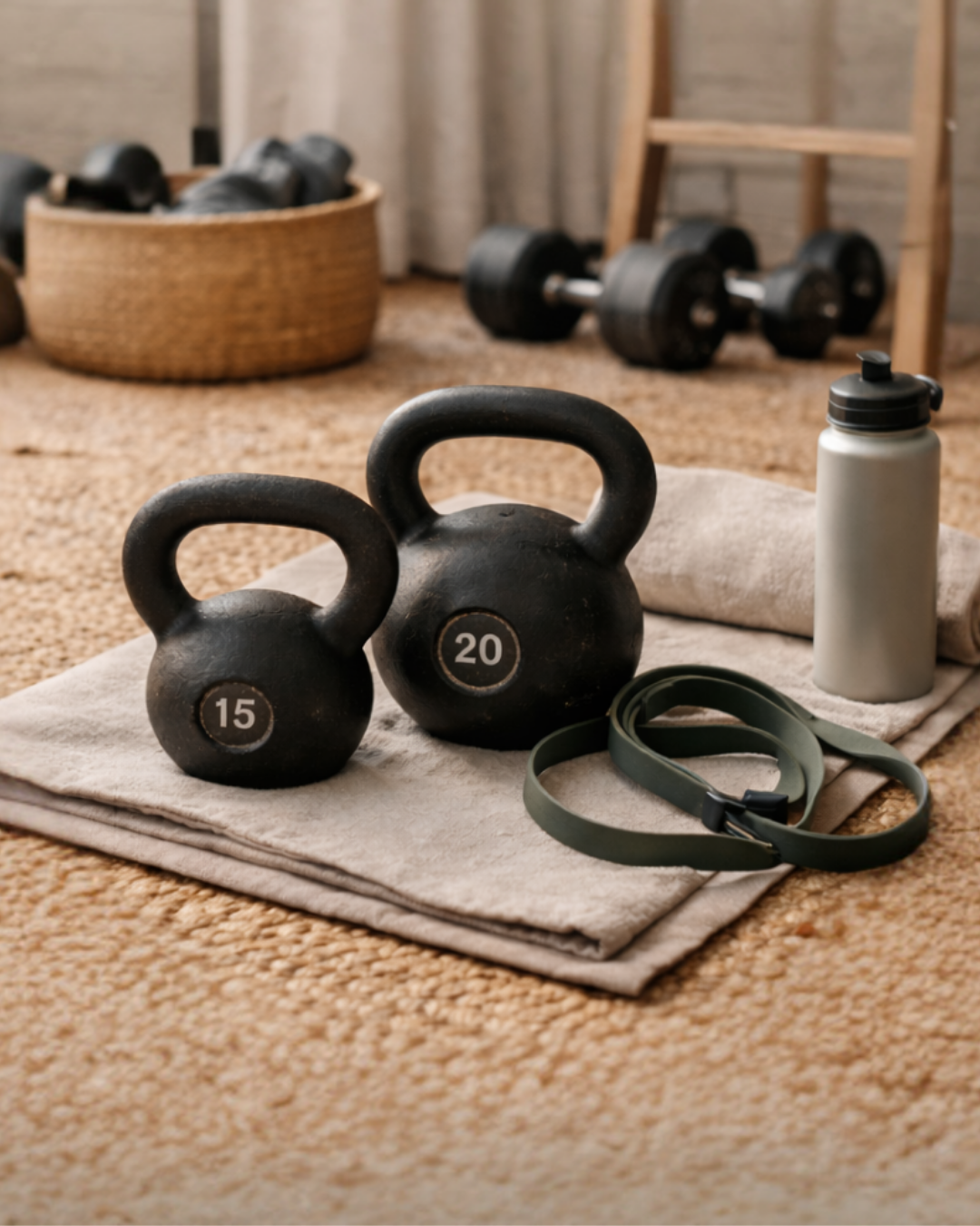 Kettlebells, water bottle, resistance band, and towel on a mat at home gym.
