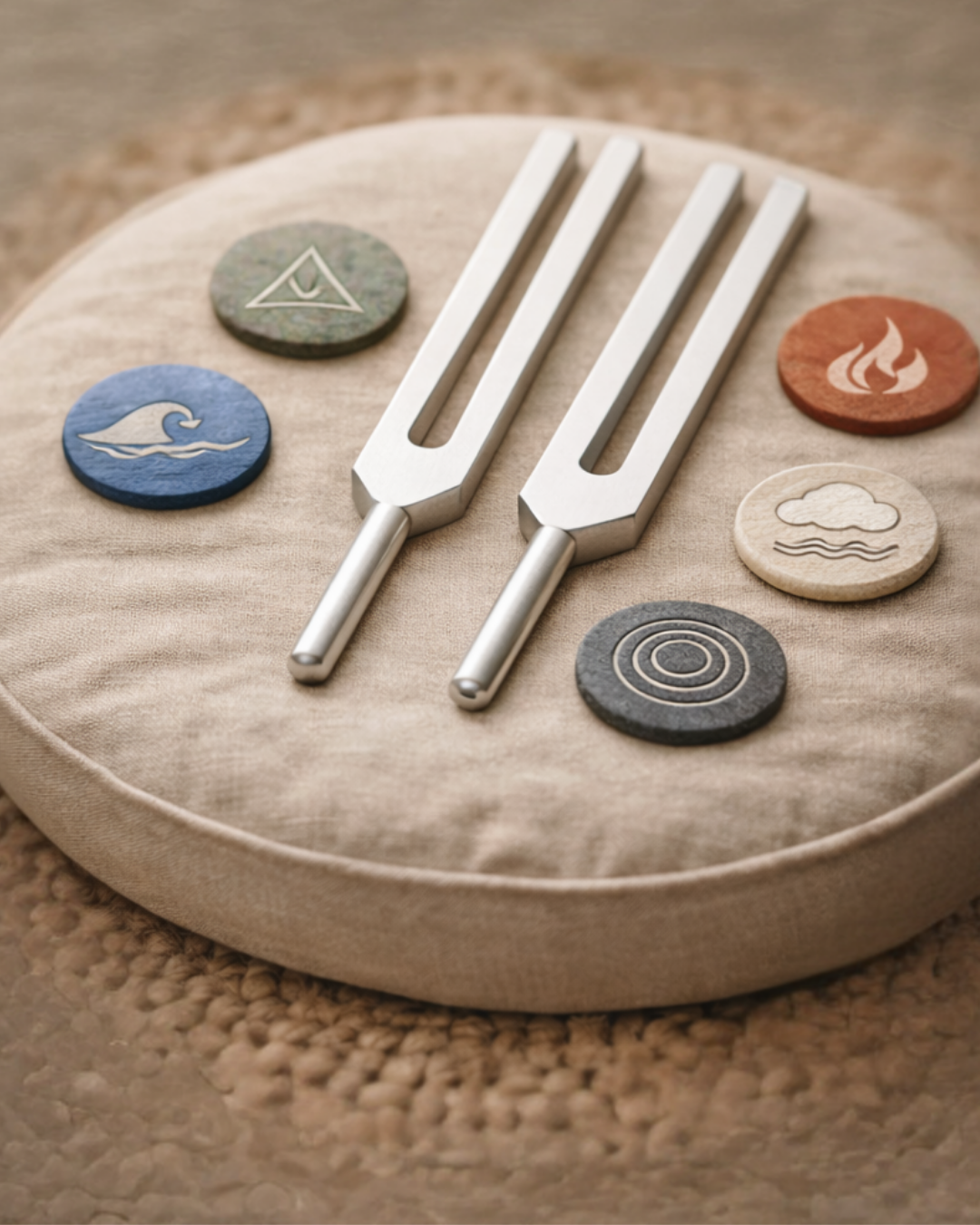 Two metal tuning forks placed on a beige fabric surface surrounded by six round colored stones with outdoor symbols, including water, air, fire, and earth, representing the classical elements.