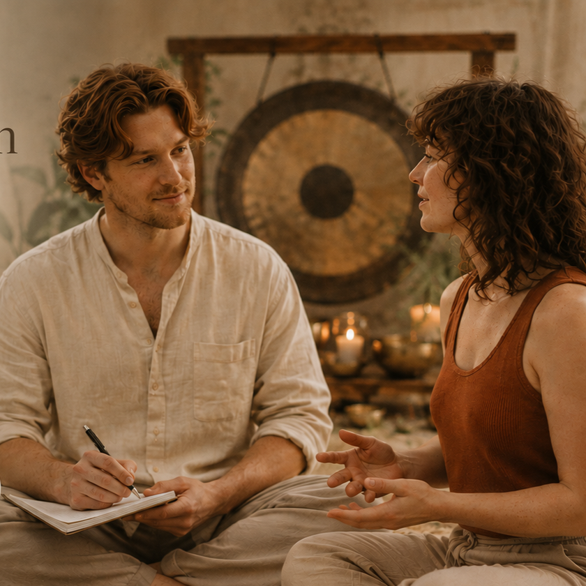 A man and woman are sitting cross-legged and facing each other, engaged in conversation, with a backdrop of candles and a large, circular artwork.