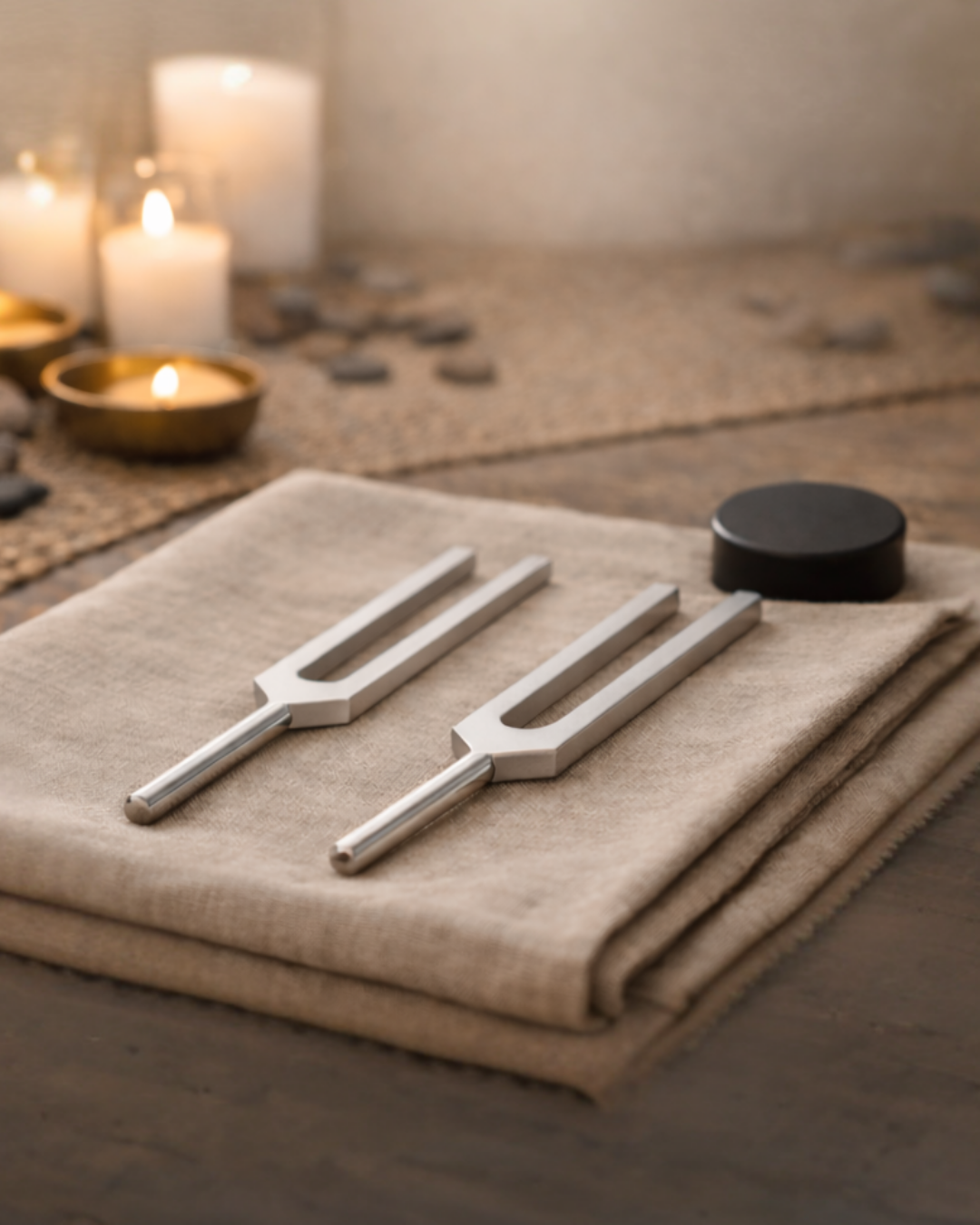 Two tuning forks placed on a folded beige cloth, with candles and stones in the blurred background.