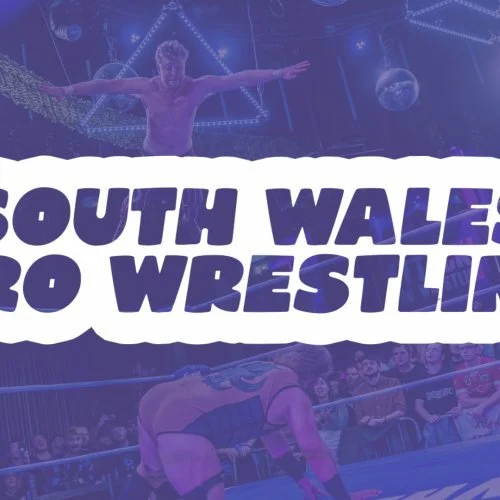 A promotional poster for South Wales Pro Wrestling featuring a wrestler standing with arms outstretched, a wrestling match in progress, and an audience watching.