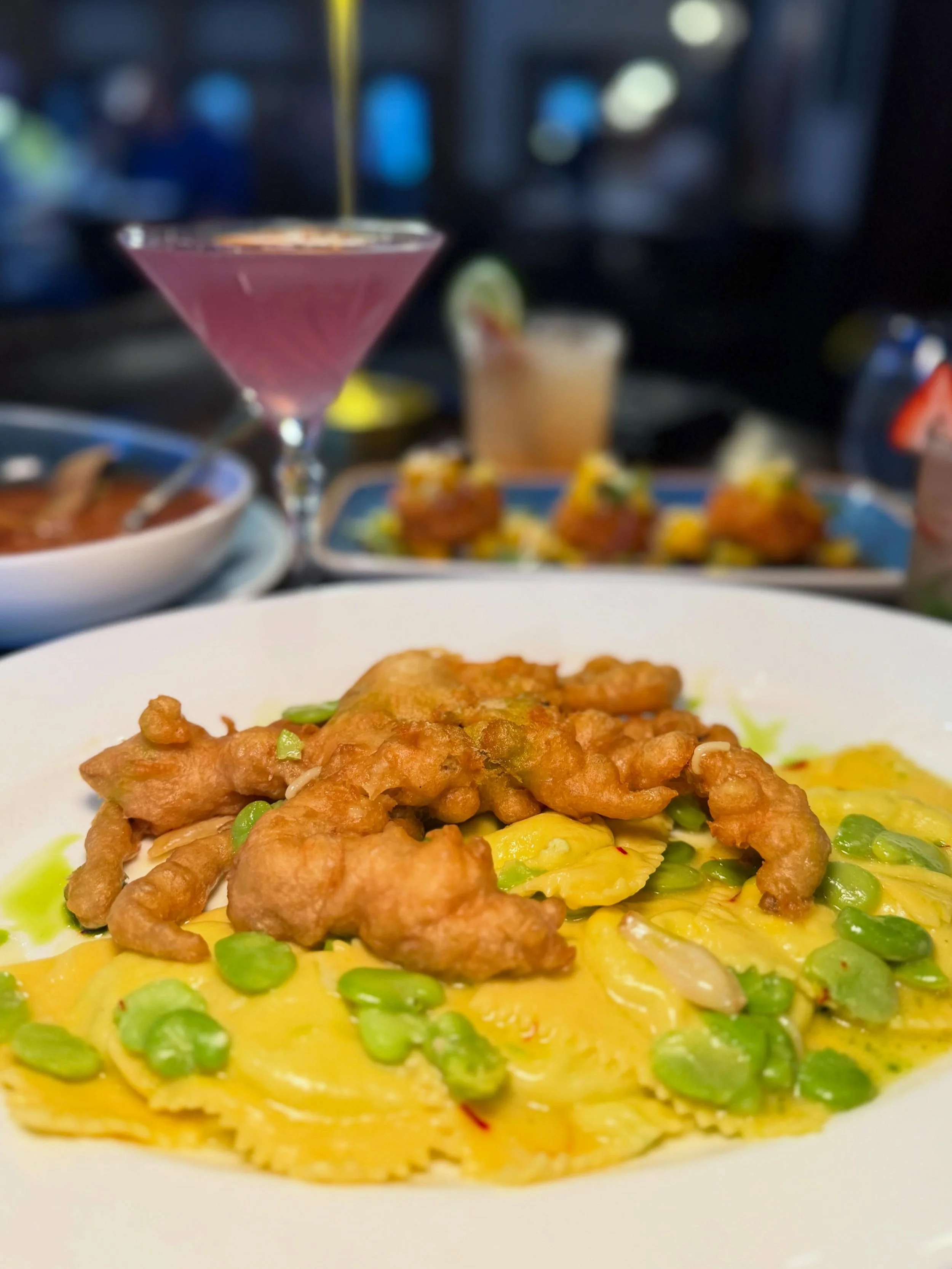SEASONAL SPECIAL 🦀✨ &mdash; Softshell crab tempura with homemade ravioli and fava bens!