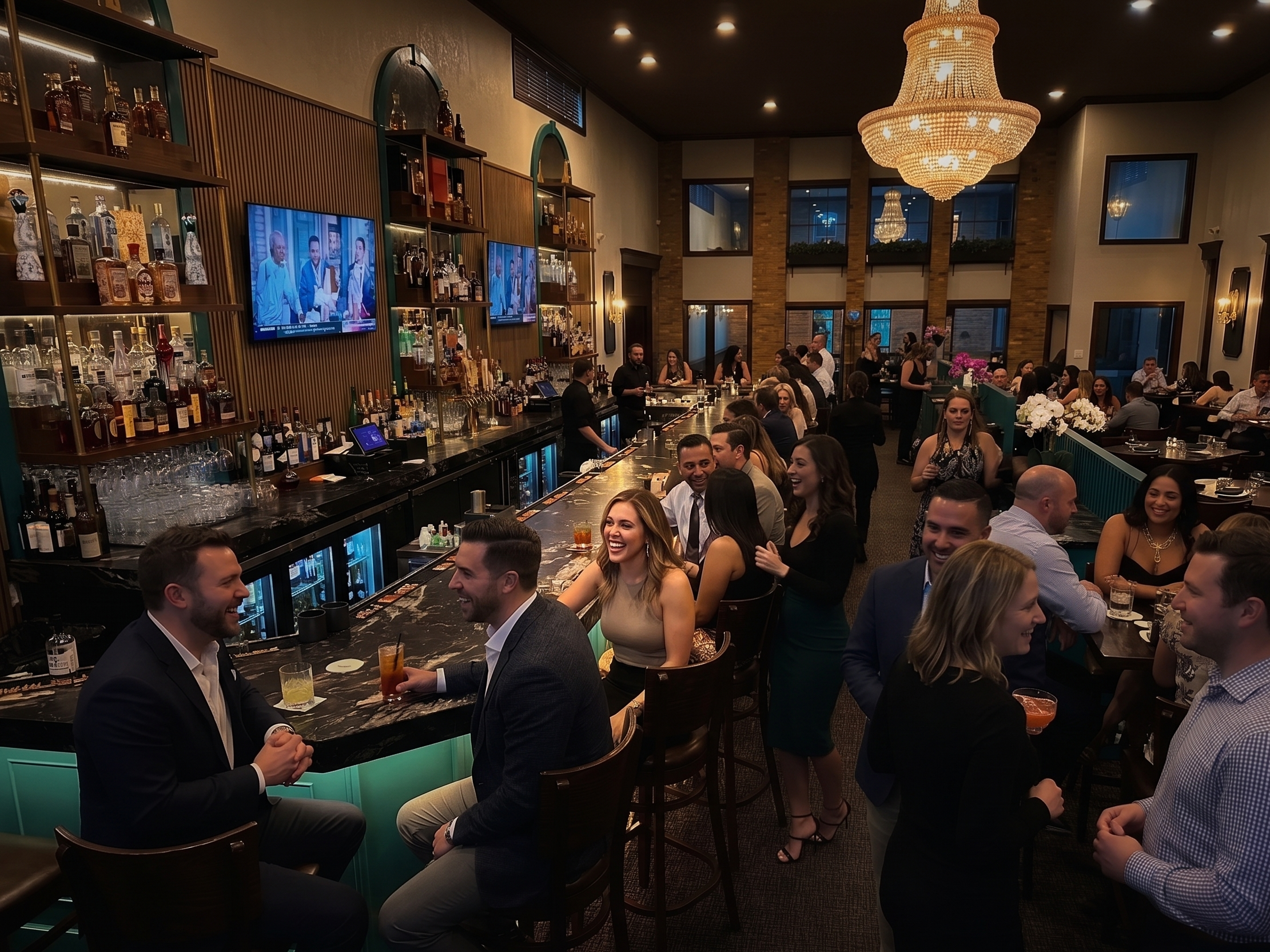 Crowd of people socializing and enjoying drinks at a bar with a high ceiling, large chandelier, and large windows in the background.
