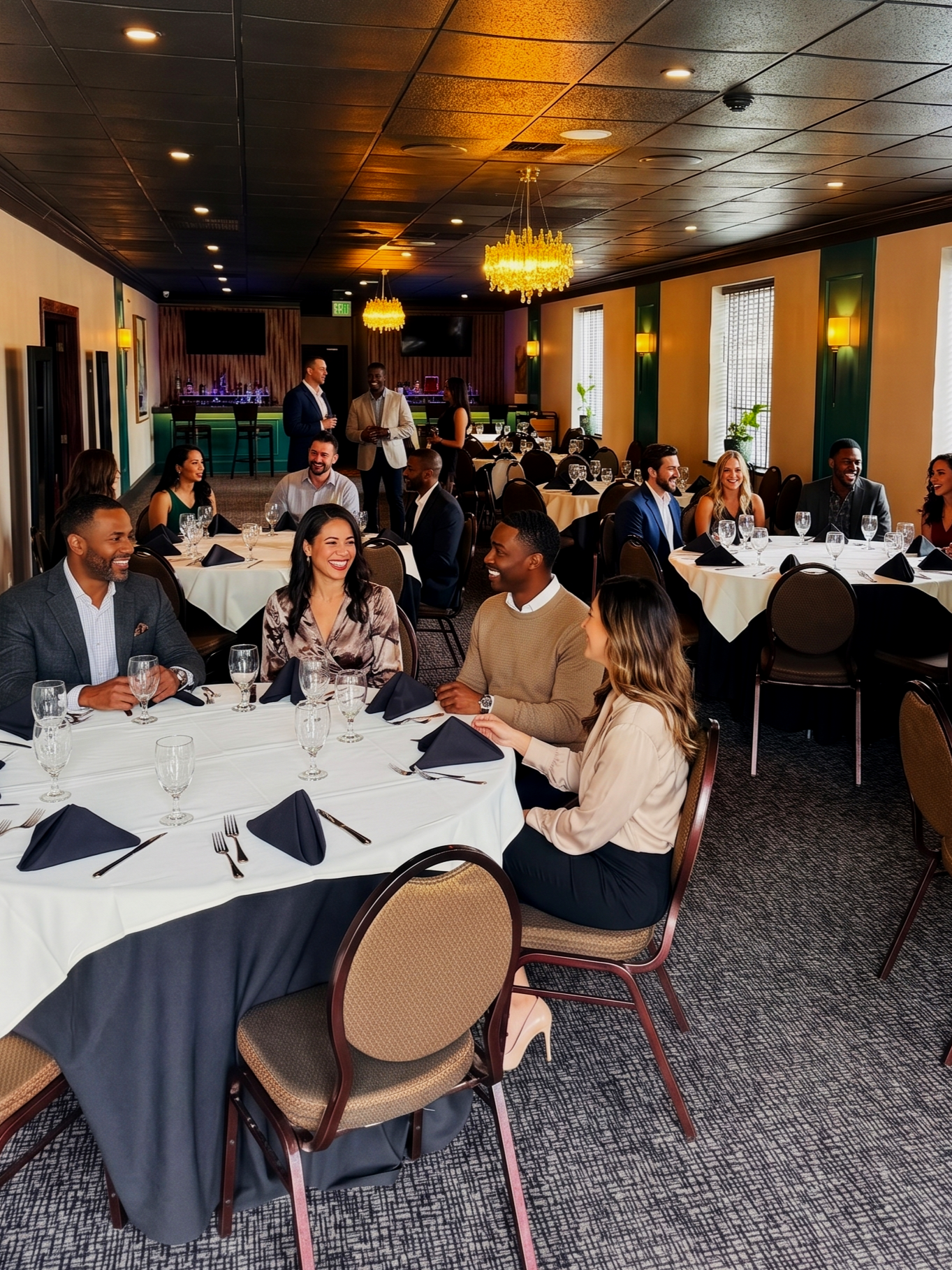 A group of people in business attire sitting around a large round table with white tablecloth and black napkins, smiling and engaging in conversation at a formal event in a decorated banquet room with chandeliers and large windows.