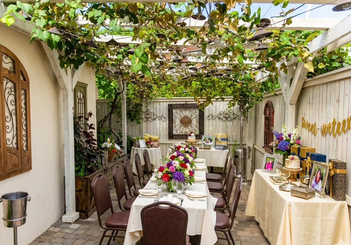 Our Pergola space set up with a long table