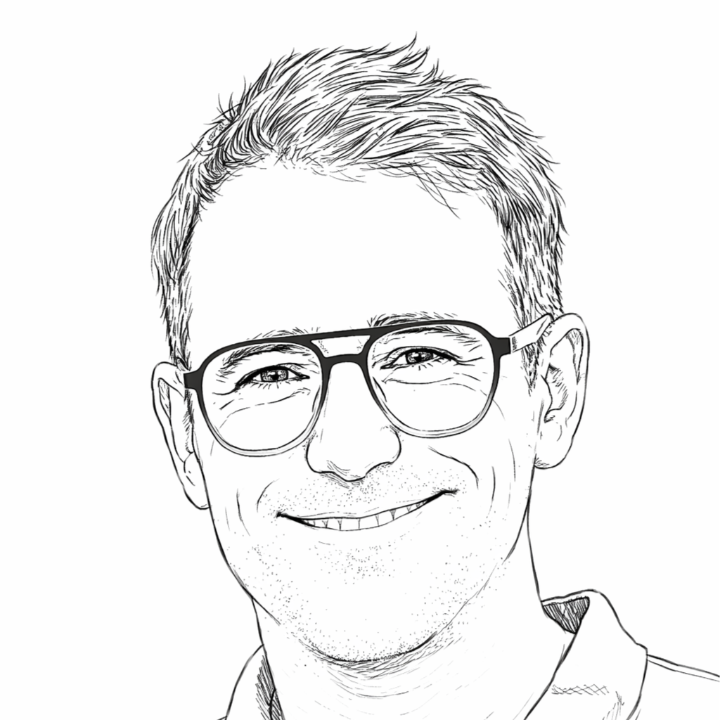 Line drawing of a smiling man wearing glasses.