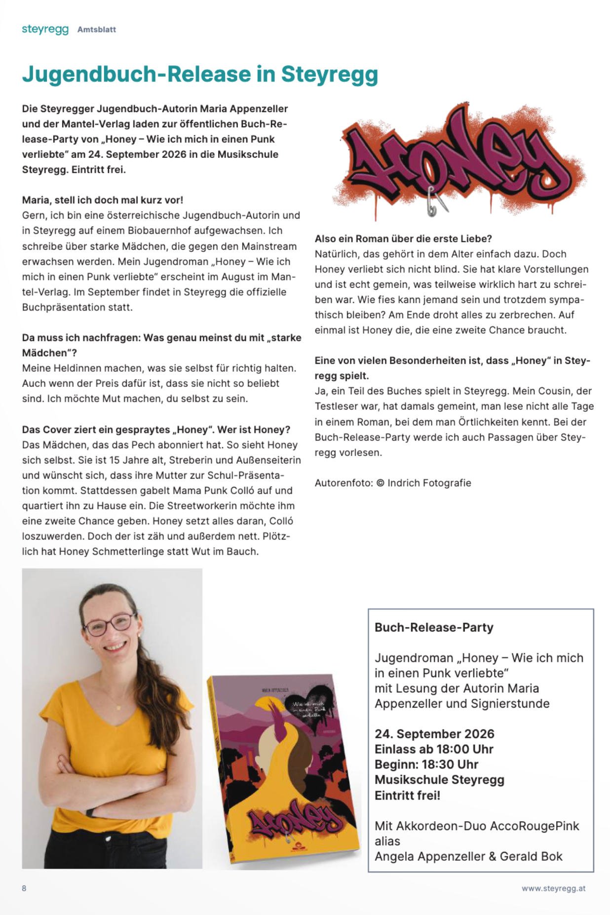 Maria Appenzeller im Amtsblatt der Stadtgemeinde Steyregg