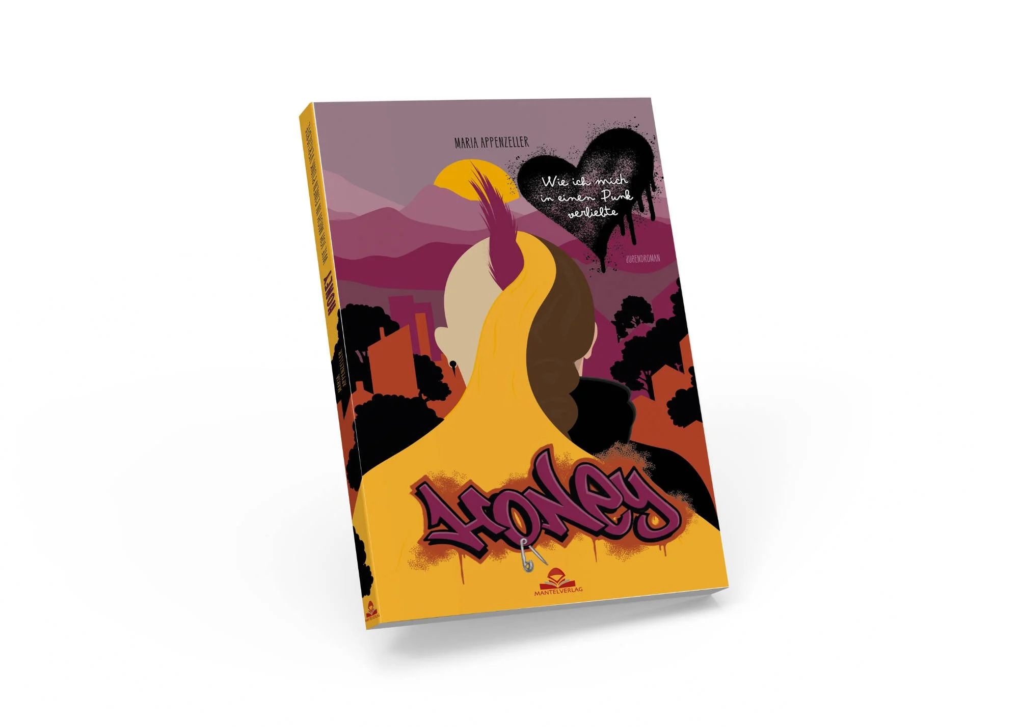 Buchcover mit der Illustration eines Hinterkopfs, der sich in einen Punk und ein Mädchen teil, getrennt durch einen gelben Weg; der Buchtitel "Honey" ist gesprayed. Titel: "Honey. Wie ich mich in einem Punkt verliebte", Autor:in: Maria Appenzeller.