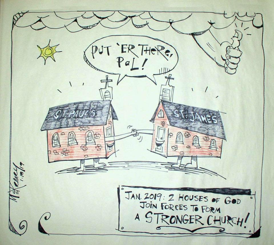 Two churches shaking hands.  Art by  Phil McKenney