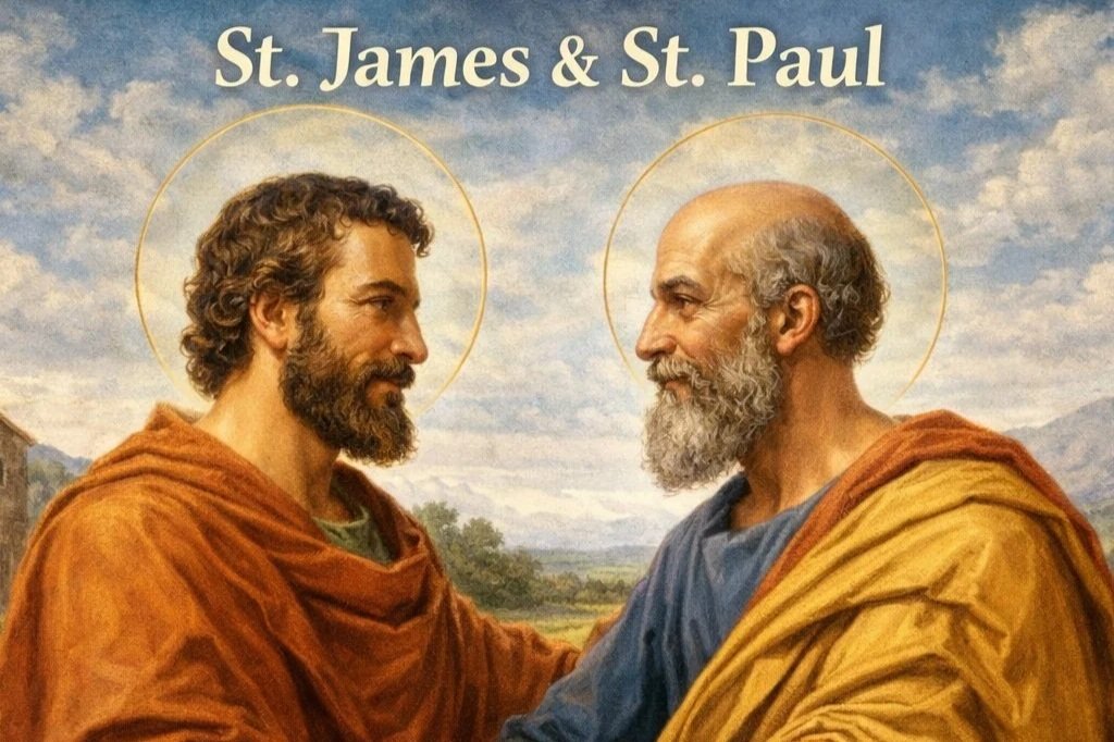 Painting of Jesus Christ with a man, both with halos, against a cloudy sky background, with text 'St. James & St. Paul' at the top.