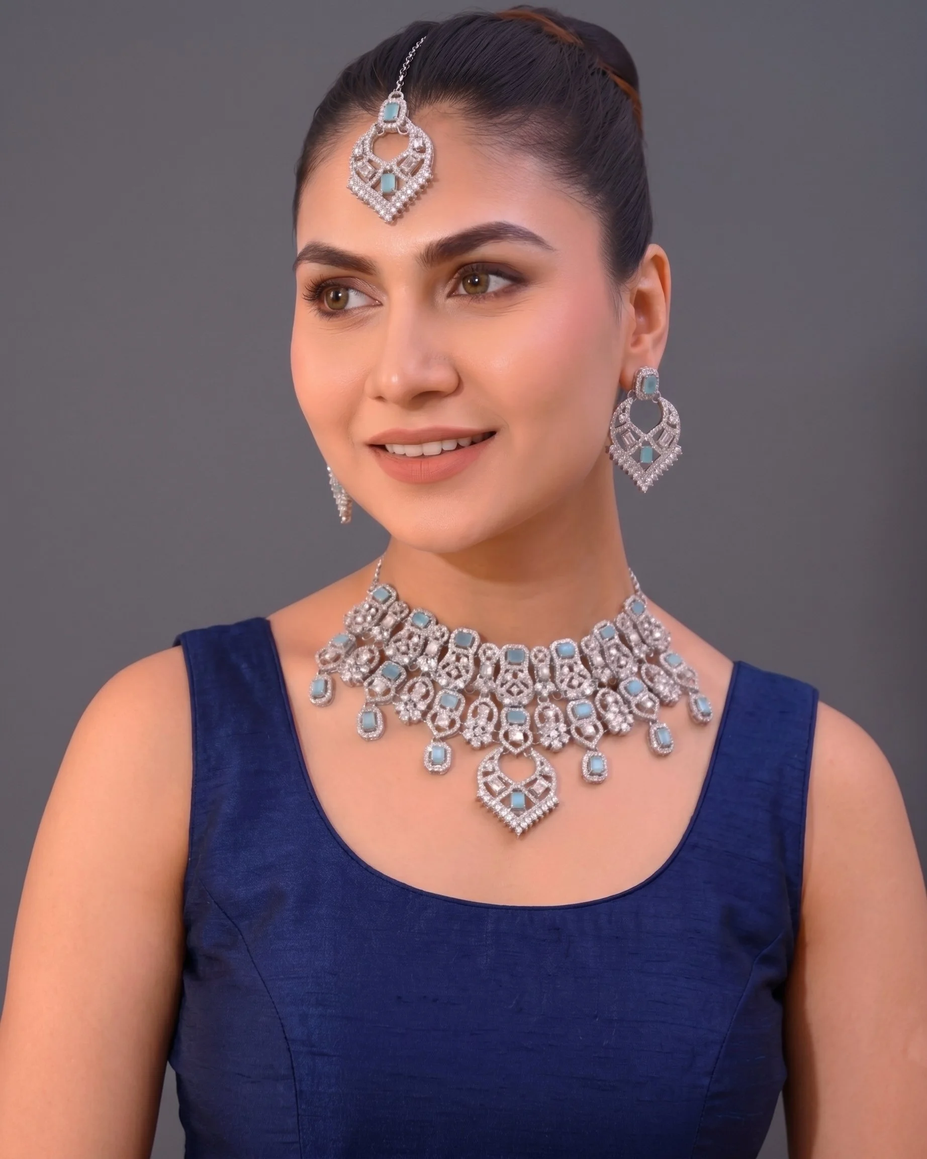 Blue Silver-Plated Designer Studded Necklace + Earrings + Tikka