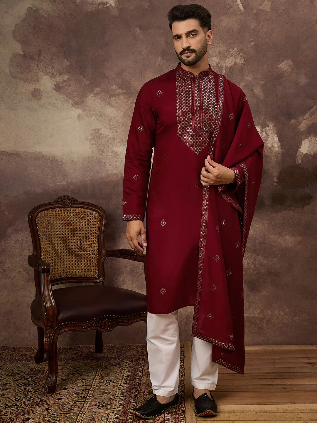 Maroon Silk Blend Solid Embroidered Straight Kurta with Dupatta
