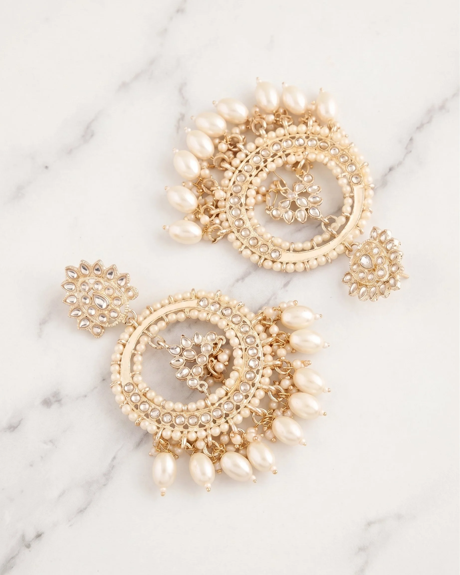 White Gold Kundan Indian ChandBali Earrings