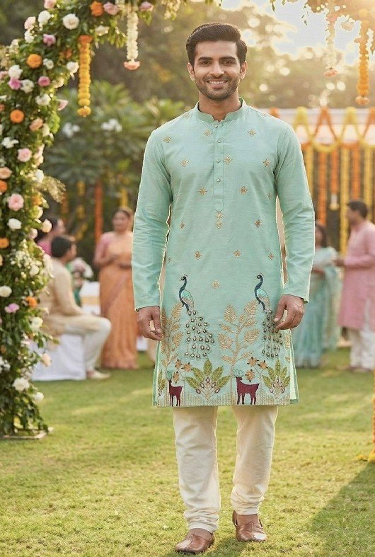 Designer Pastel Manyavar Mens Kurta Peacock Collection