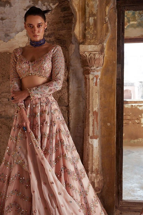 Pastel Pink Mehndi Lehenga w/ Colorful Sequins