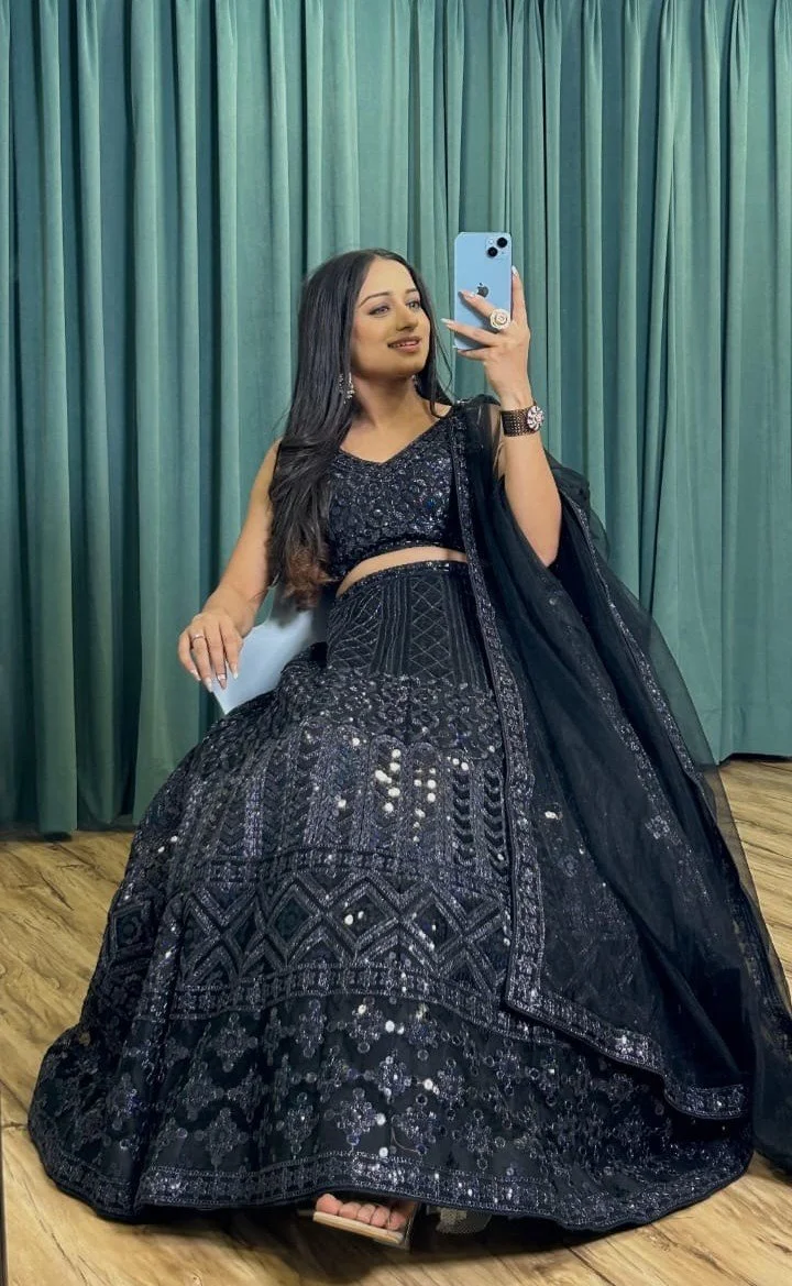 Midnight Black Dori Sequin Embroidered Lehenga Set