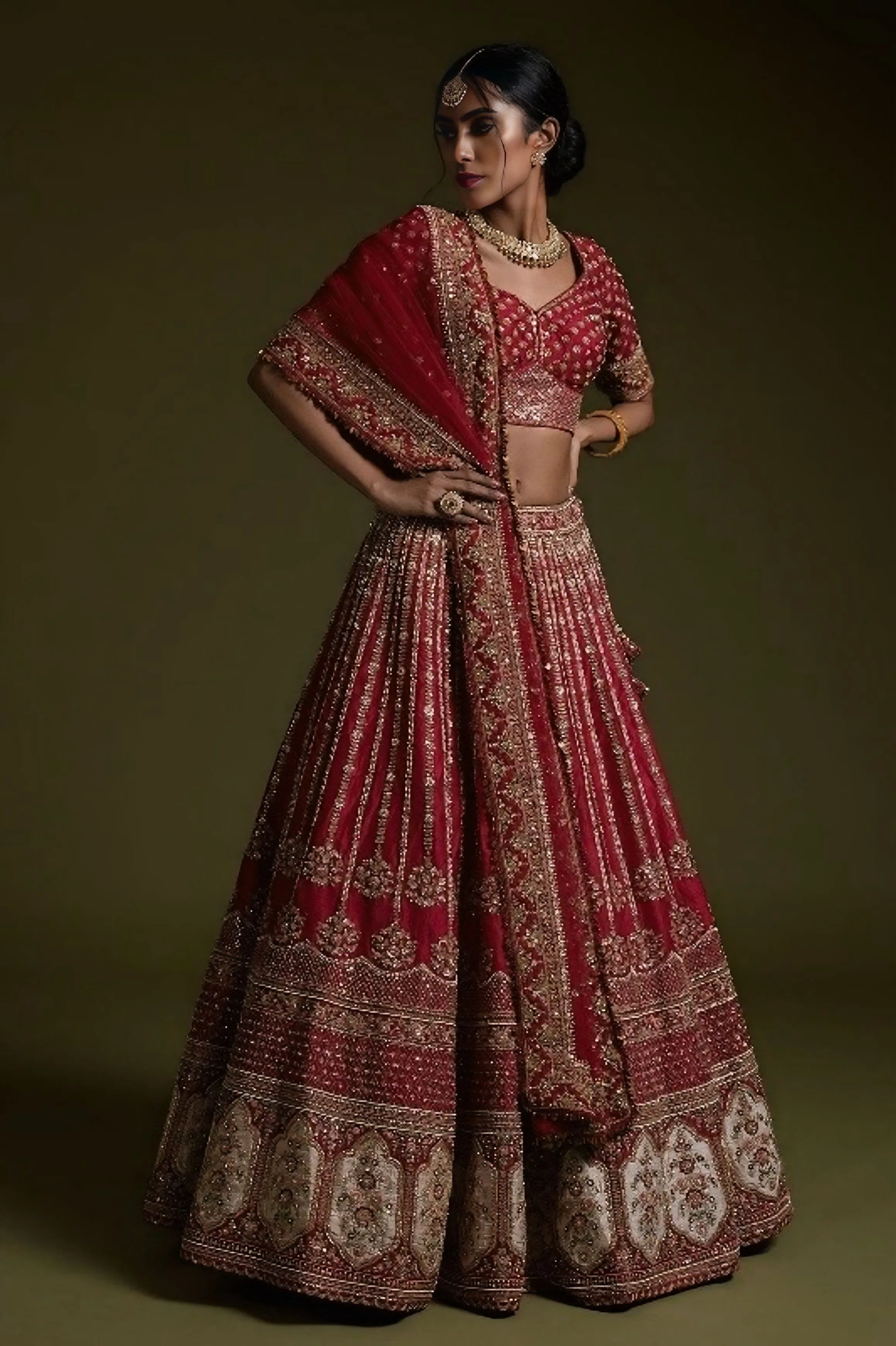 Dark Red + White Designer Lehenga Collection