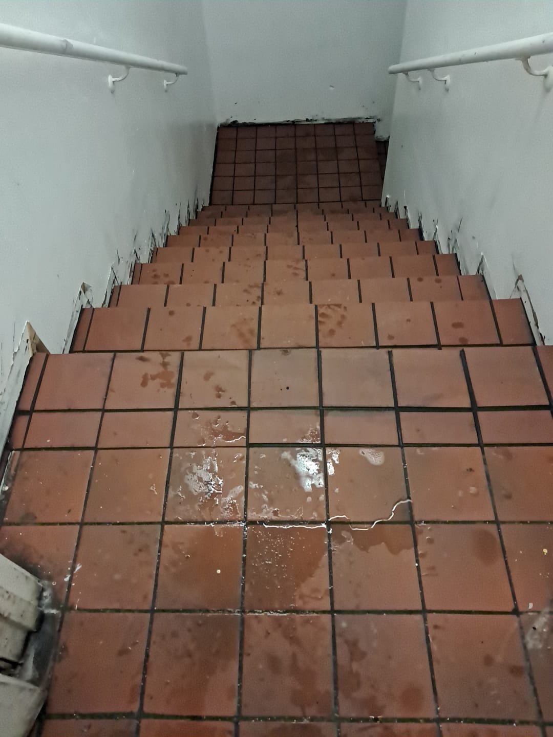 Wet brown tiled staircase with water puddles and white walls on either side.