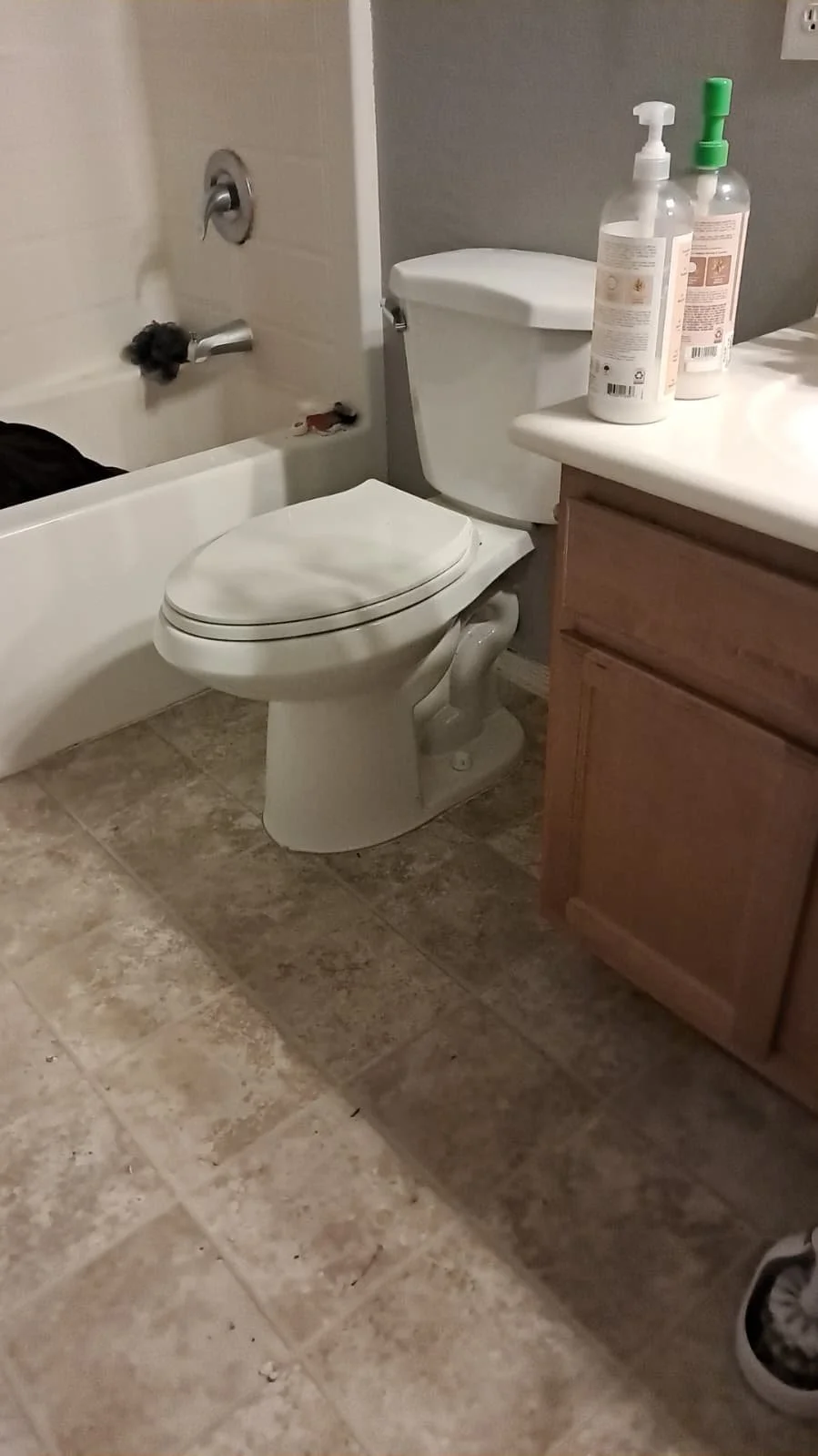 Bathroom with a white toilet, a bathtub with black cloth inside, two bottles of cleaning products on the counter, and part of a wooden cabinet.