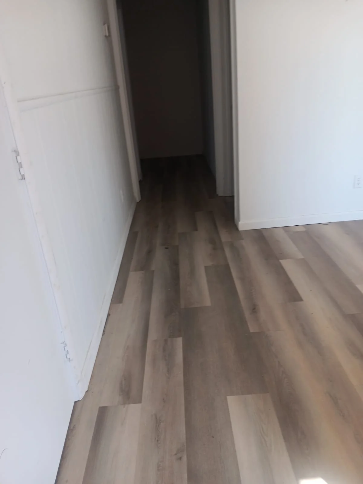 Empty room with light-colored wooden floor, white walls, and an open door leading to a dark hallway or closet.