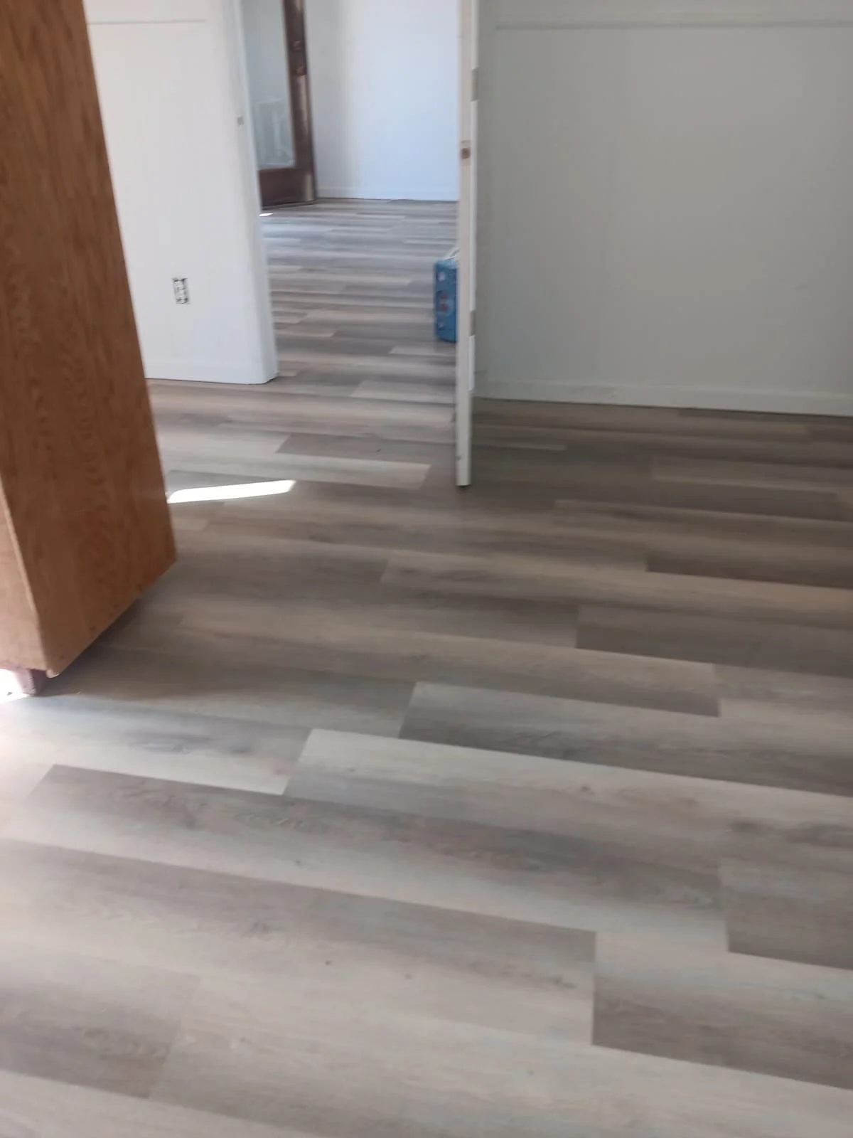 Interior of a house with light-colored wood laminate flooring, open doorway to another room, and a cardboard box near the doorway.