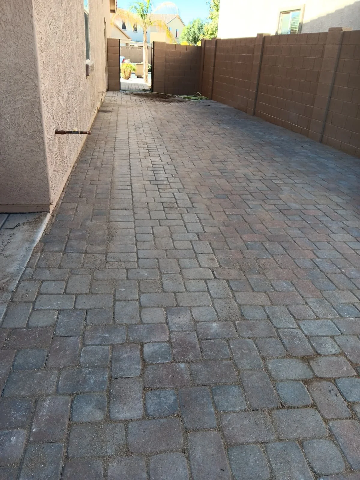 A paved backyard with brick stones, a brown fence on the right, beige house walls on the left, a small window, some garden hoses at the far end, and residential buildings in the background.