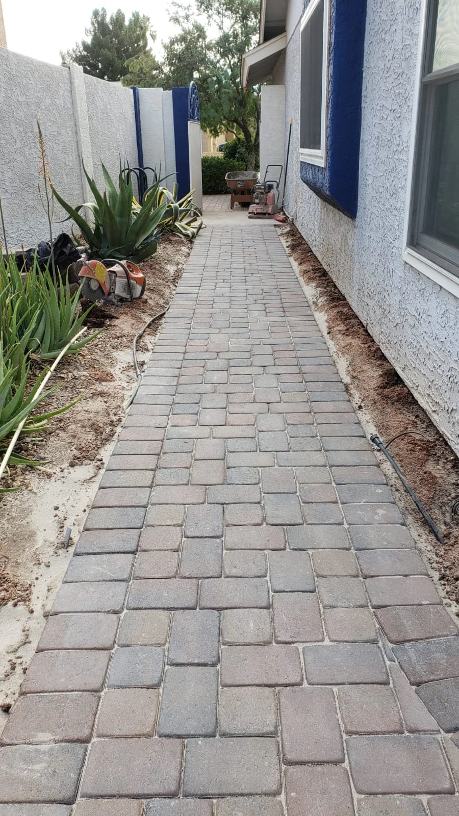 Newly paved brick pathway next to a house with a blue wall, garden beds with plants and a fence, and yard tools in the background.