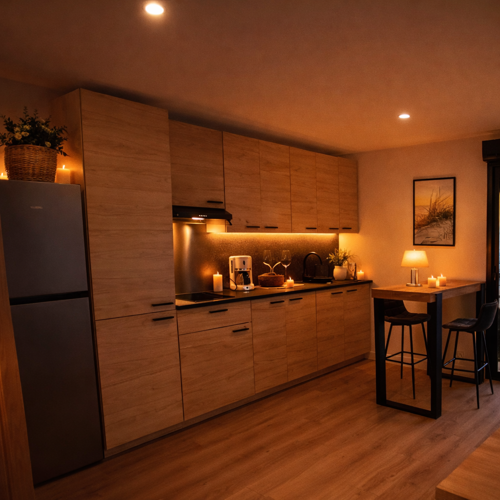 Cuisine équipée moderne de la Love Room SHIRO à Saint-Pierre-de-Lages près de Toulouse.