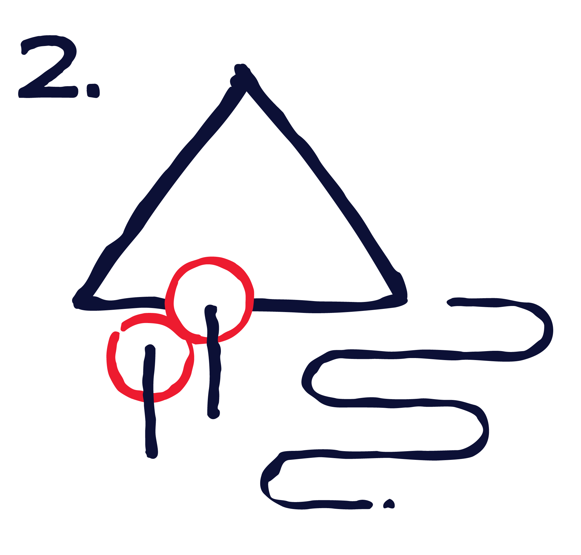 An illustration of a rough triangle, two simple trees, and a wavy line
