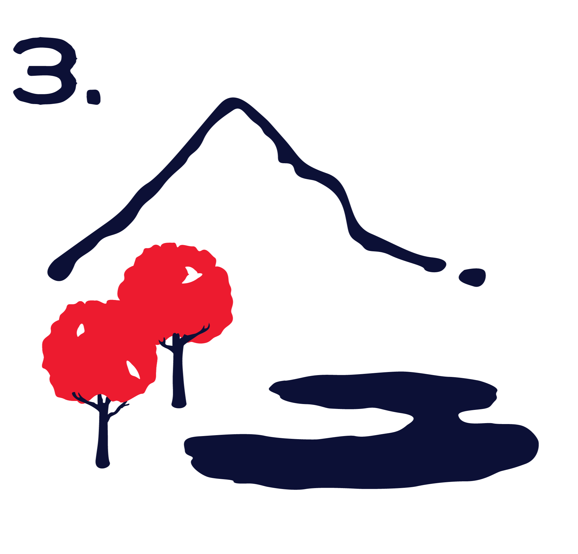An illustration of a mountain, two detailed trees, and a lake