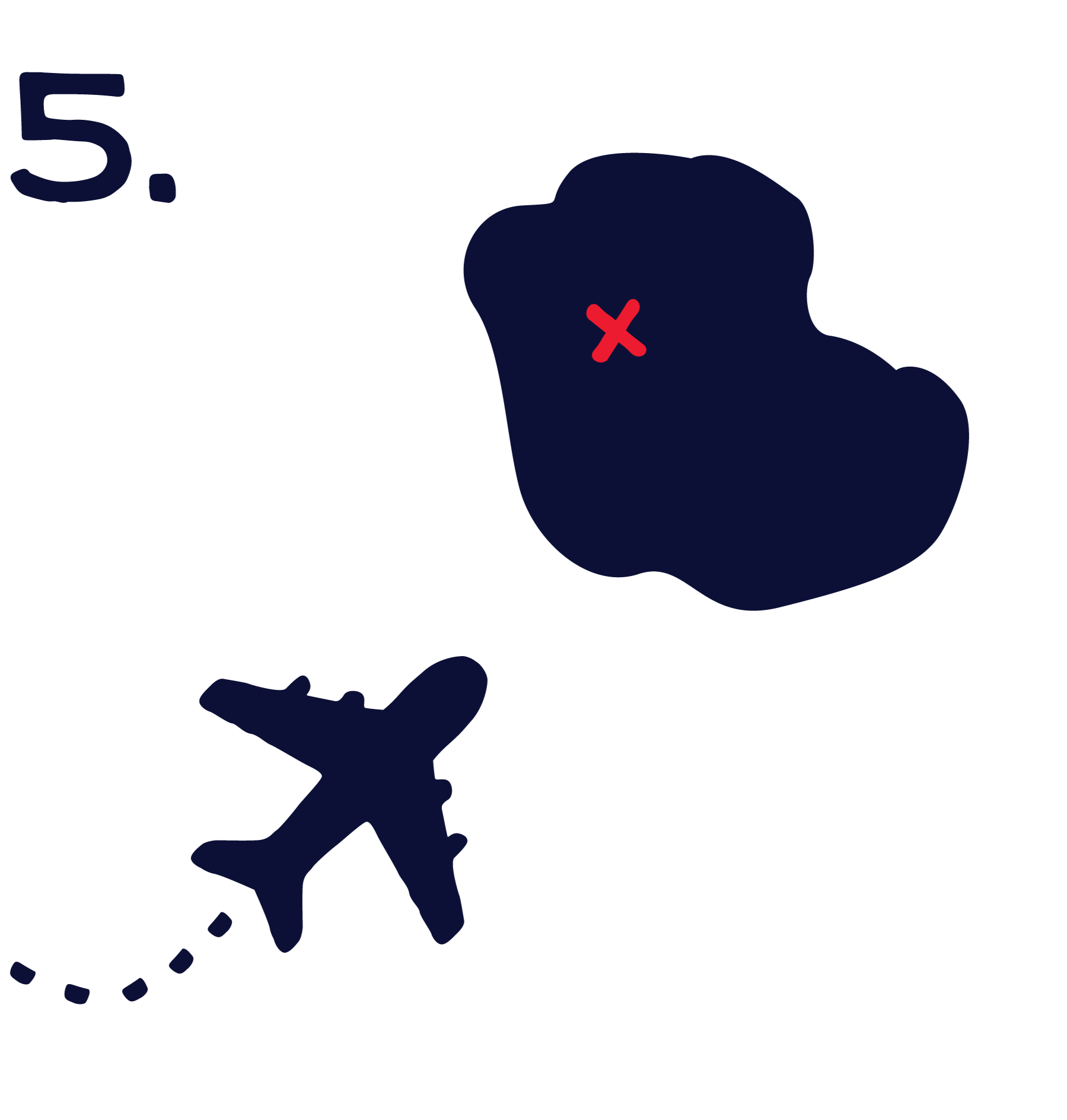 An illustration of a top-down airplane flying over water to an island