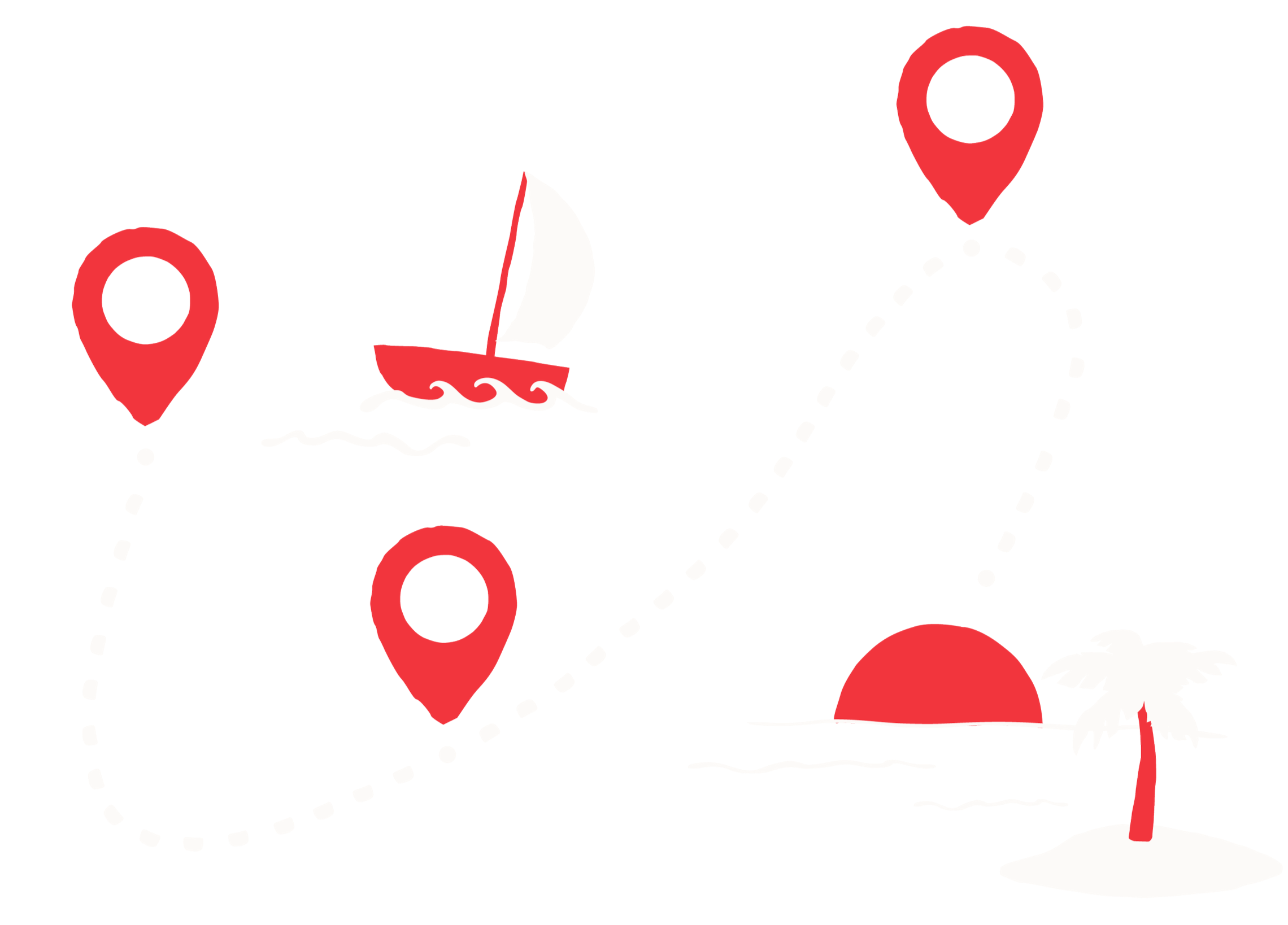 An illustration of a winding paths with stops to a boat and a tropical island.