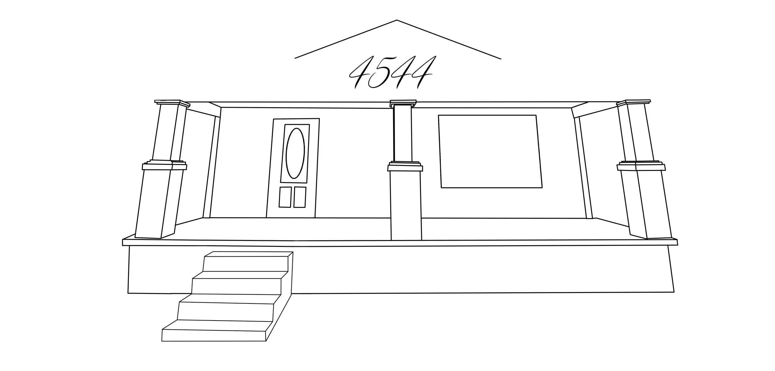 Outline drawing of a house with a front porch, stairs, a door, a window, and the number 4544 above the house roof.